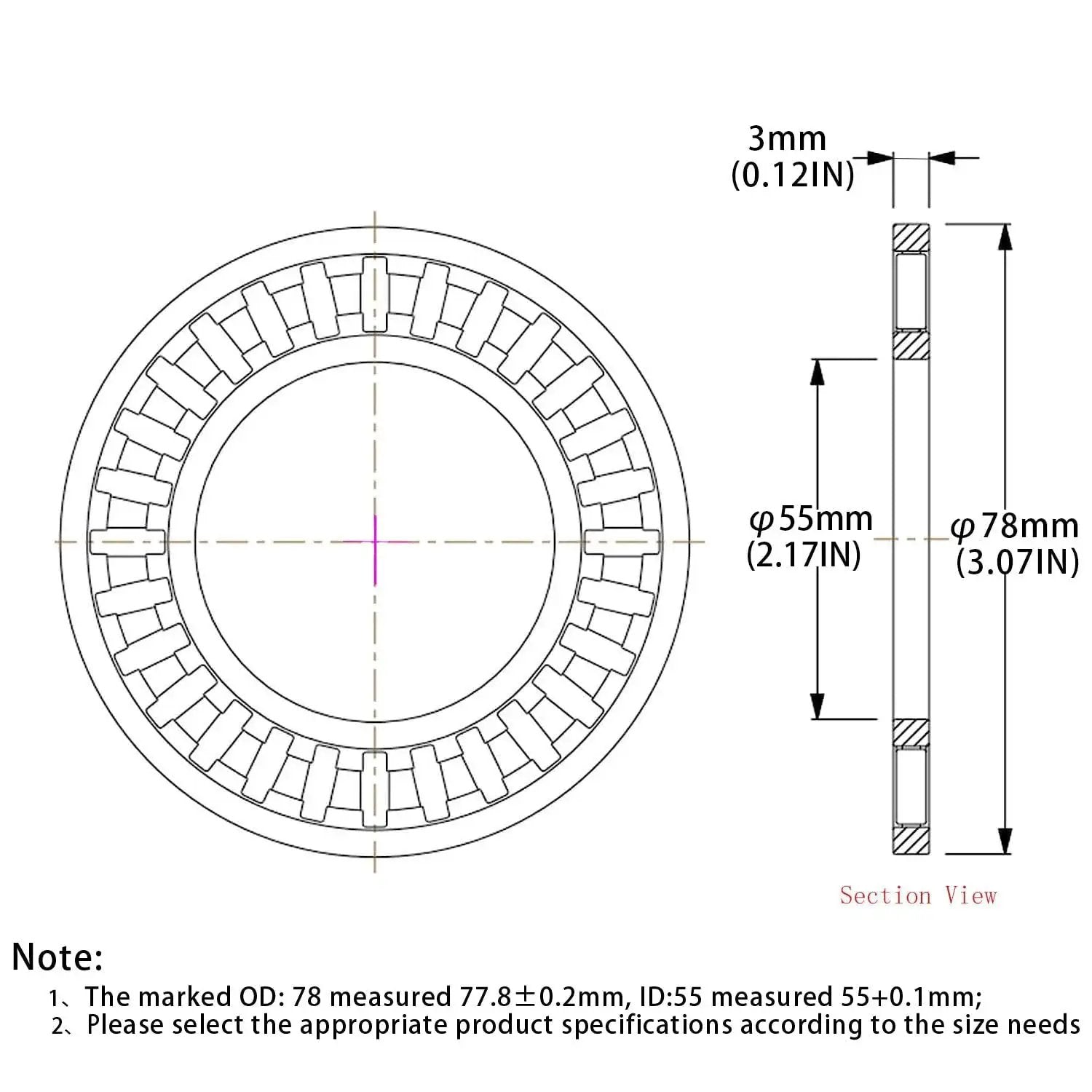 Diagram of Two Sets Of Thrust Needle Roller Bearings With Four Washers 55mm Inner Diameter 78mm Outer Diameter 3mm Width AXK5578