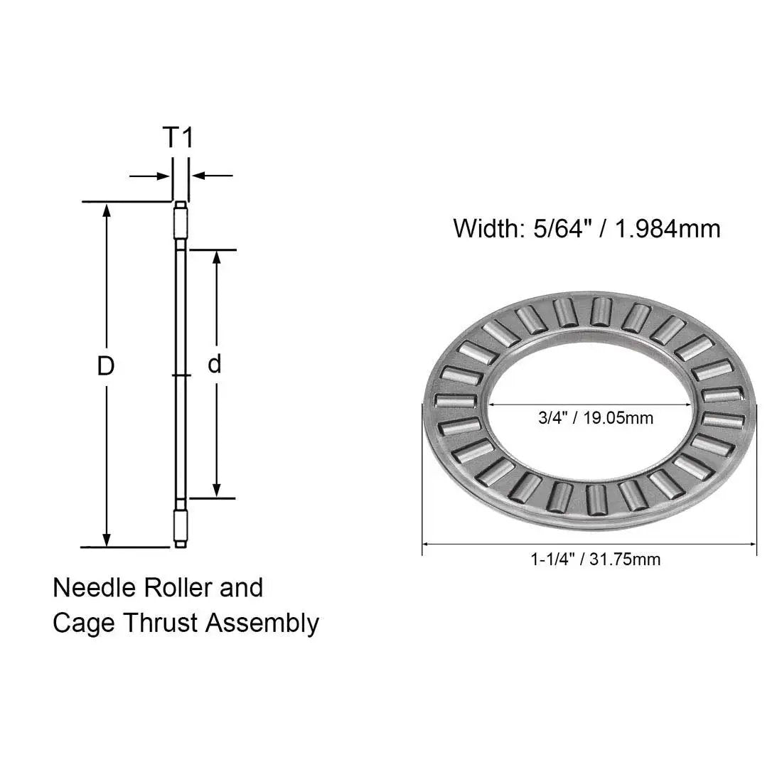 Diagram of Thrust Needle Roller Bearing Kit For One Way Axial Load, 6 Sets NTA1220 Plus 2 TRA Washers, 3/4-inch steel roller.