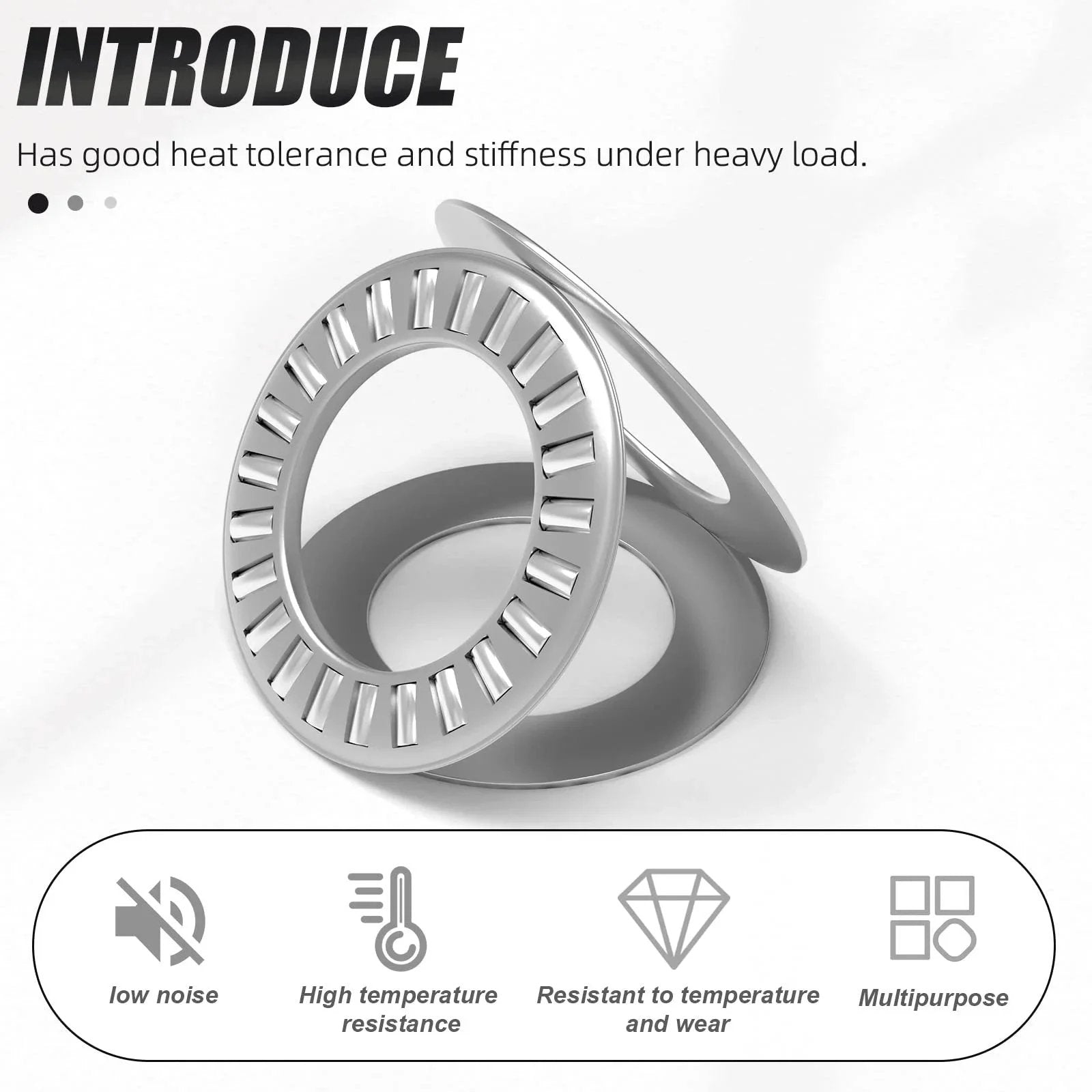 Heavy-Duty Thrust Needle Roller Bearing Set With Washers For Conveying Equipment, Robots, Elevators, Rolling Mills And Heavy Machinery, 3/4 Inch Bore, 1-1/4 Inch OD, NTA1220 2TRA Steel Industrial Bearings MEANLIN displayed with heat tolerance features.