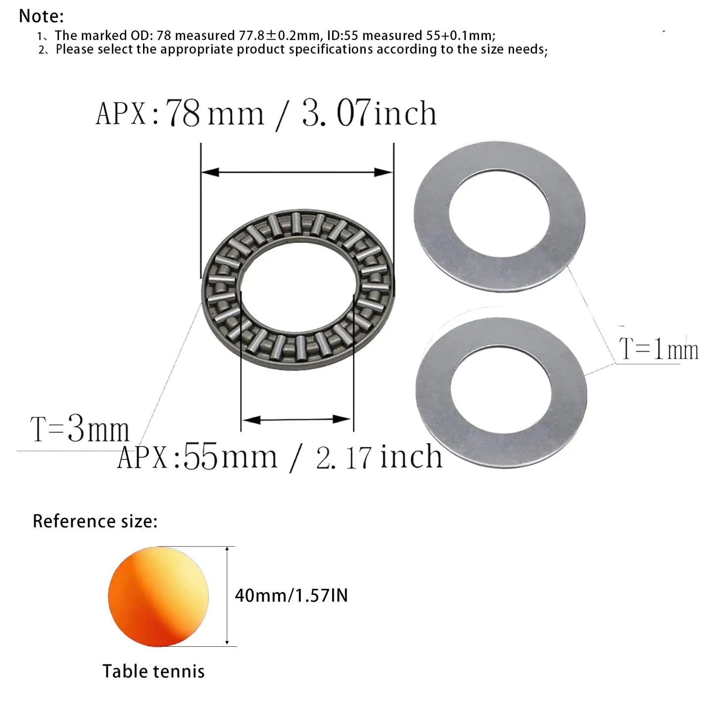 Diagram of thrust needle roller bearing with 78mm OD, 55mm ID, showing size comparison with table tennis ball, includes washers.
