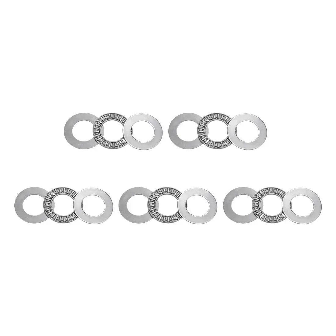 Thrust Needle Roller Bearing Set AXK2035 With Washers 20mm Bore 35mm OD 2mm Width 5 Pieces in a row, showing steel construction.