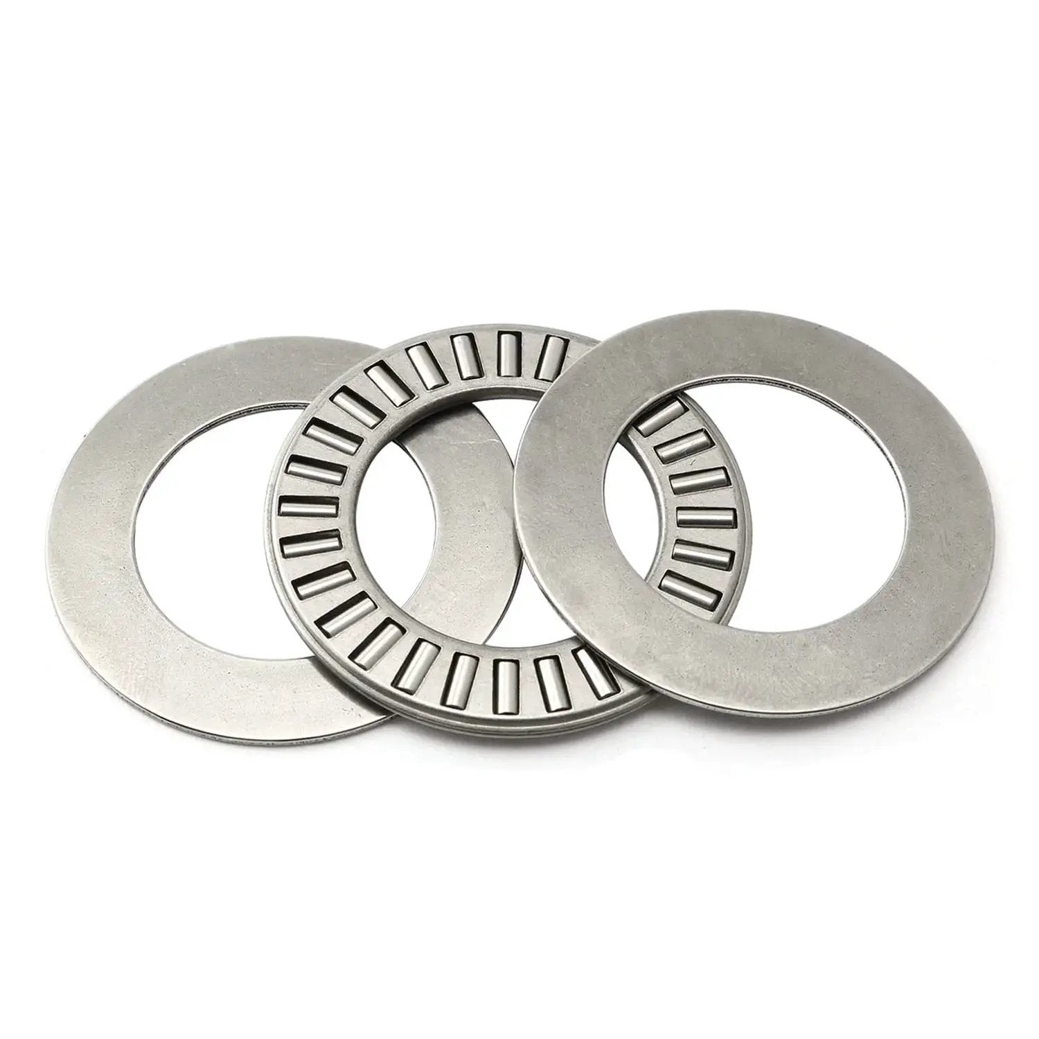 Heavy Duty Thrust Needle Roller Bearings With NTA1423 And Two Washers For High Load Applications In Chrome Steel displayed on white background.