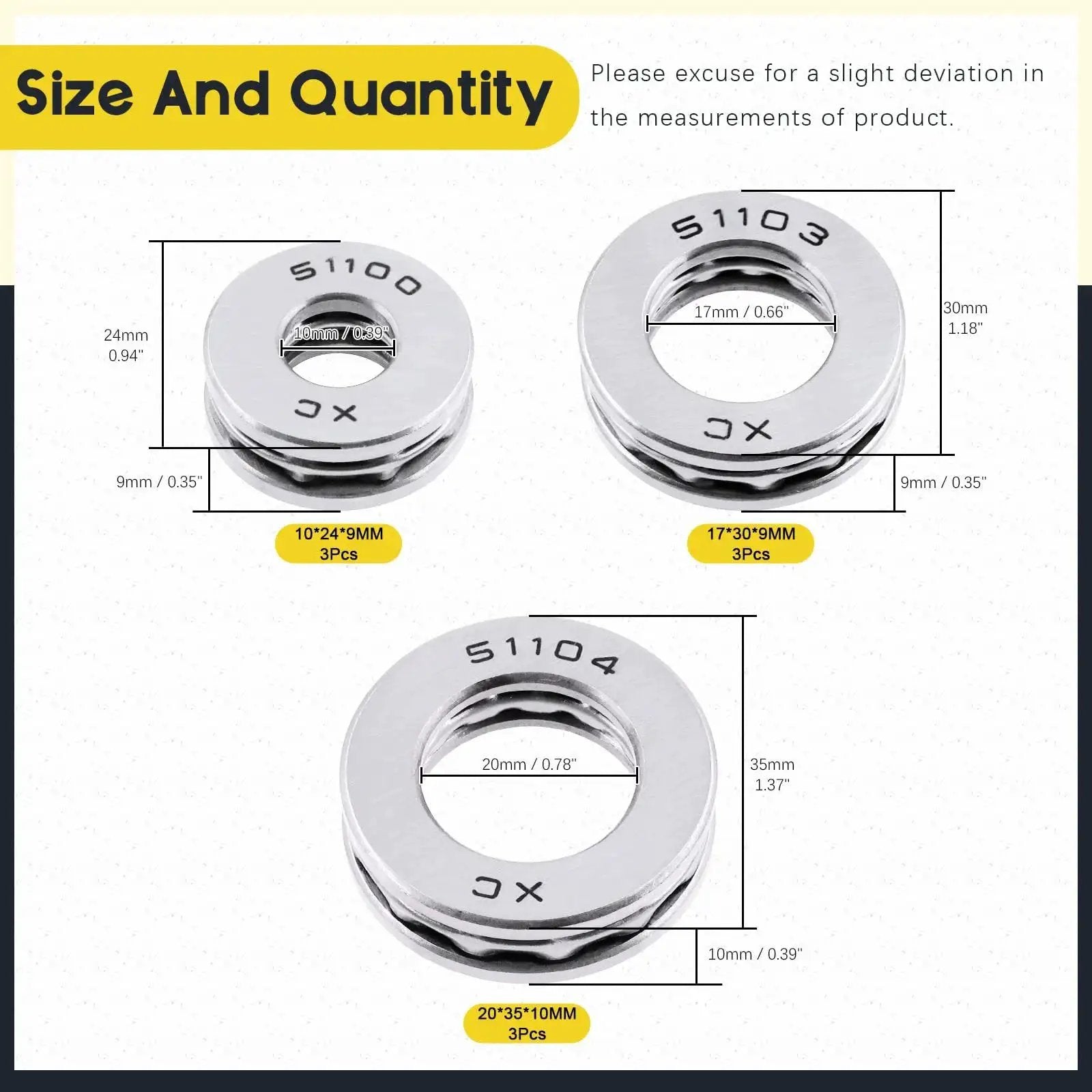 Nine Piece Thrust Needle Roller Bearing Set With Washers In Three Sizes 10x24x9Mm 17x30x9Mm And 20x35x10Mm Chrome Steel
