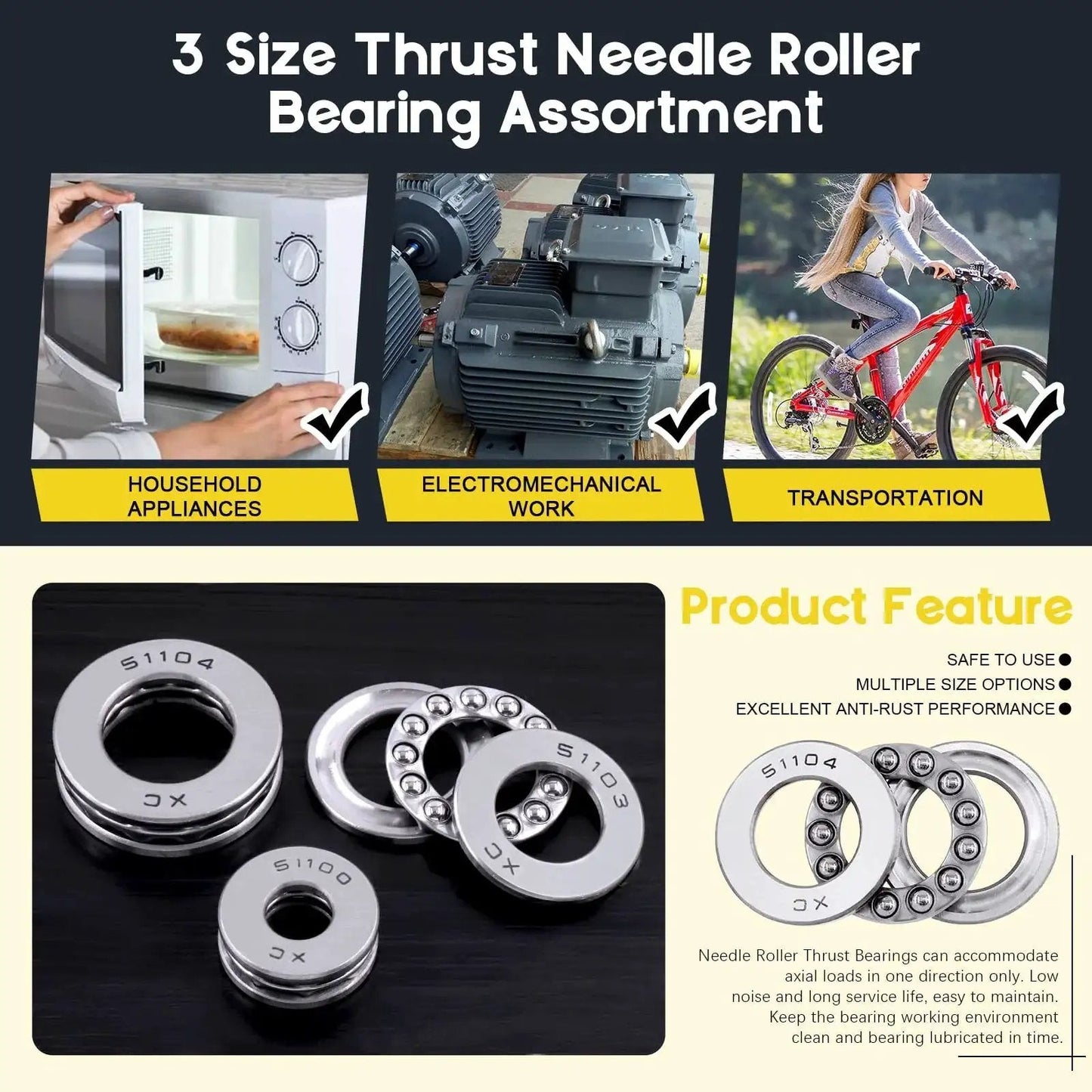 Nine Piece Thrust Needle Roller Bearing Set With Washers In Three Sizes 10x24x9Mm 17x30x9Mm And 20x35x10Mm Chrome Steel for Various Uses