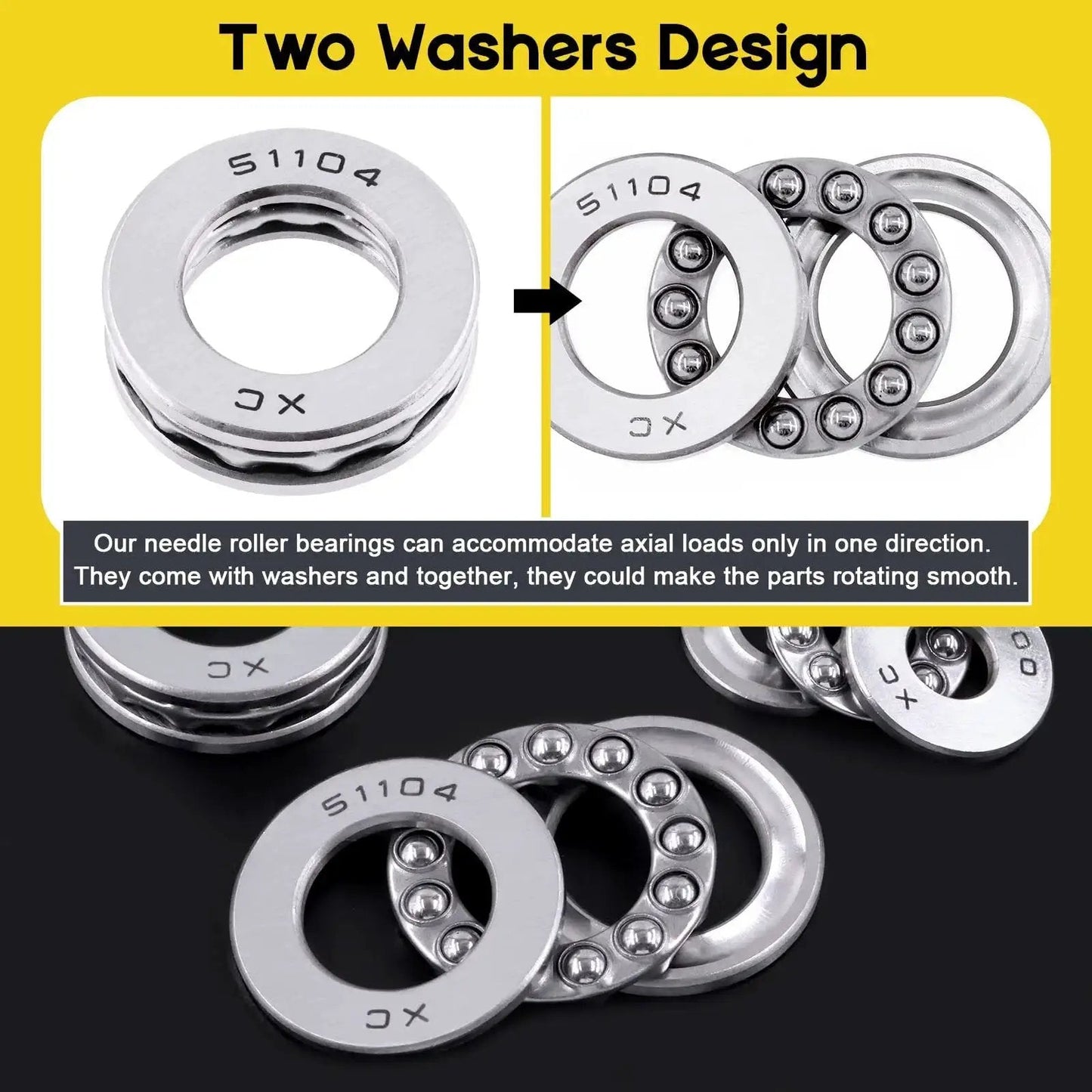 Nine Piece Thrust Needle Roller Bearing Set With Washers In Three Sizes 10x24x9Mm 17x30x9Mm And 20x35x10Mm Chrome Steel For Automobiles Pumps And Machine Tools Durable High Precision With Ready To Use Washers By Mardatt, showing a two washers design.