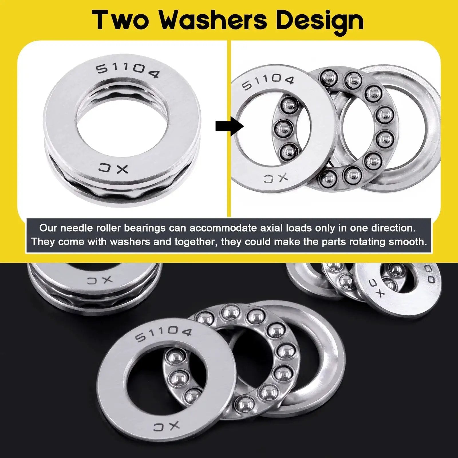 Nine Piece Thrust Needle Roller Bearing Set With Washers In Three Sizes 10x24x9Mm 17x30x9Mm And 20x35x10Mm Chrome Steel For Automobiles Pumps And Machine Tools Durable High Precision With Ready To Use Washers By Mardatt, showing a two washers design.