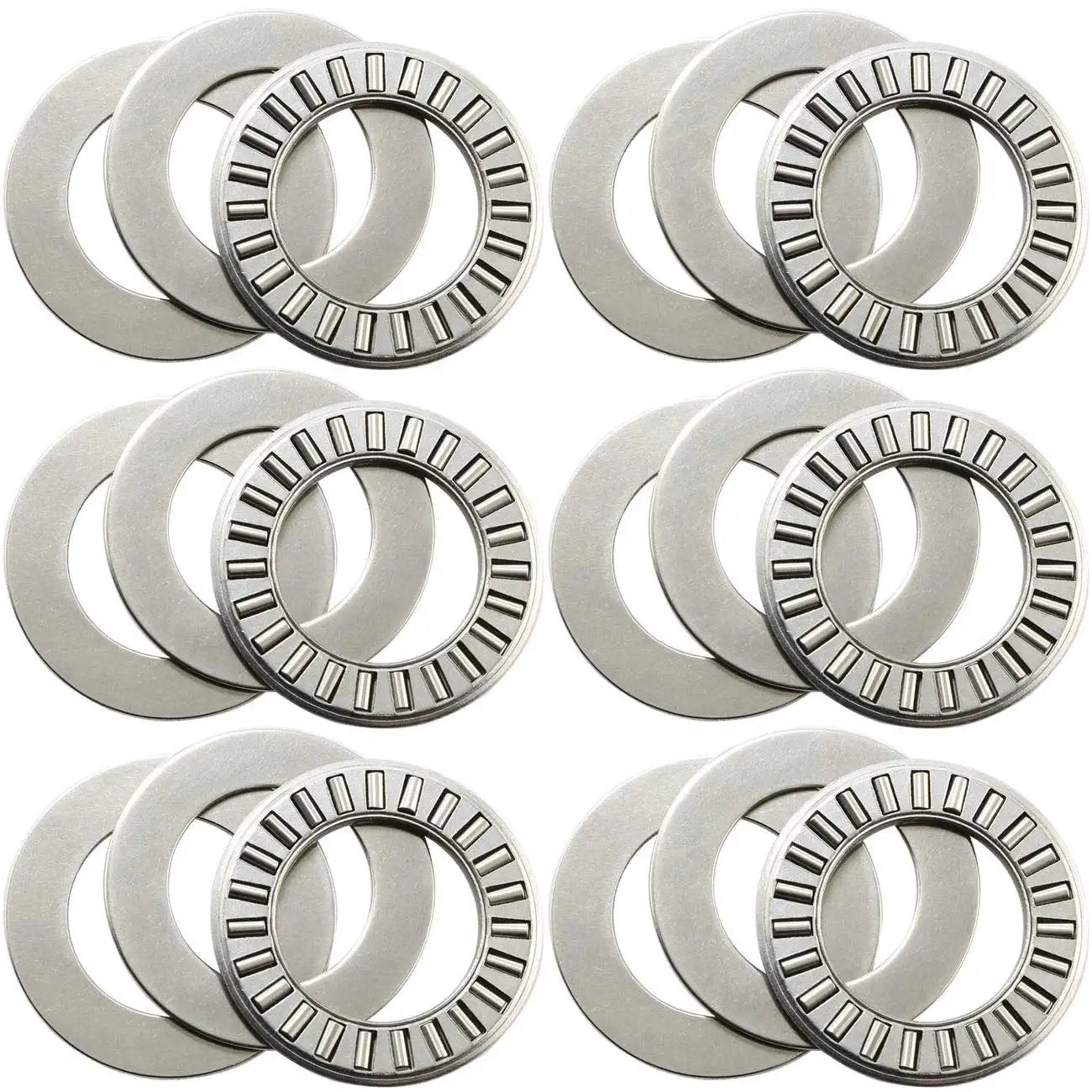 Thrust Needle Roller Bearing Kit For One Way Axial Load, 6 Sets NTA1220 Plus 2 TRA Washers, steel cage guided rollers displayed