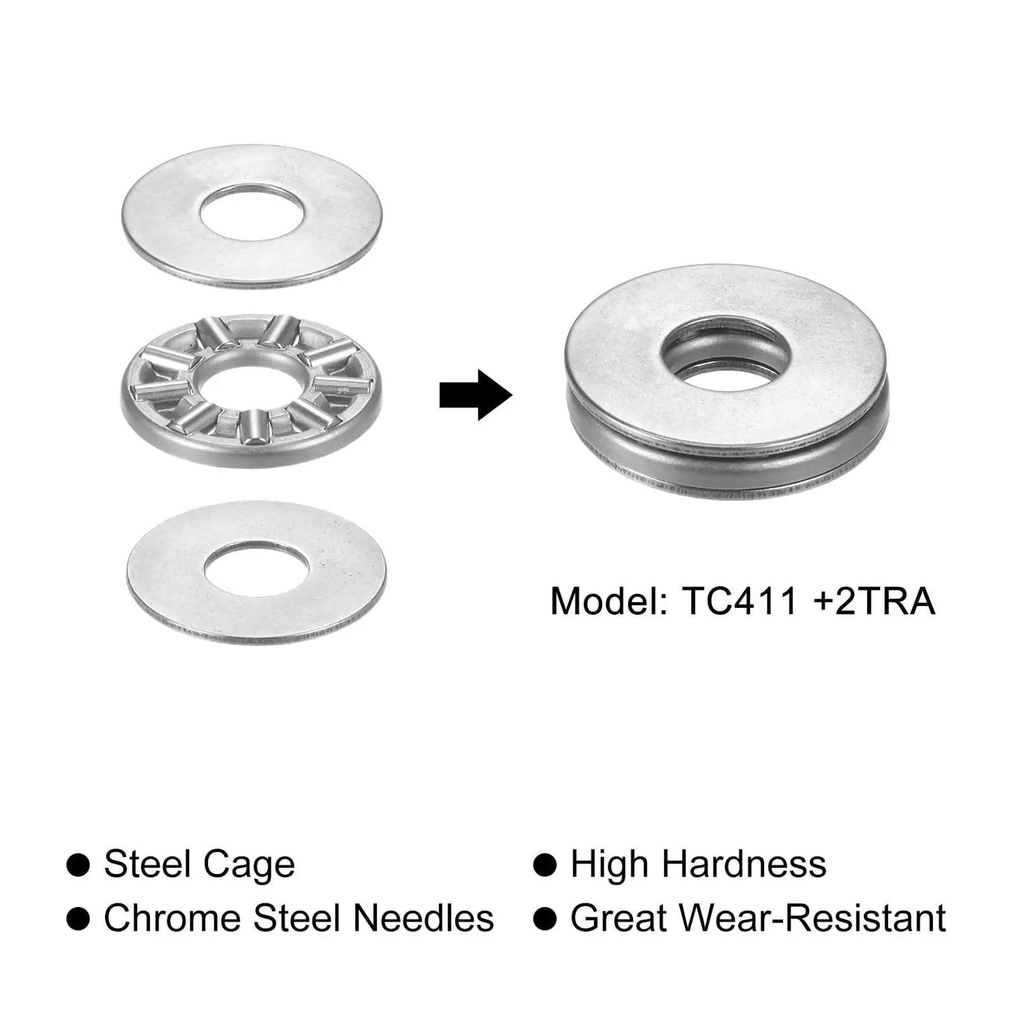 Thrust Needle Roller Bearings With Washers TC411 One Quarter Inch Bore Eleven Sixteenths Inch OD diagram with assembly view.