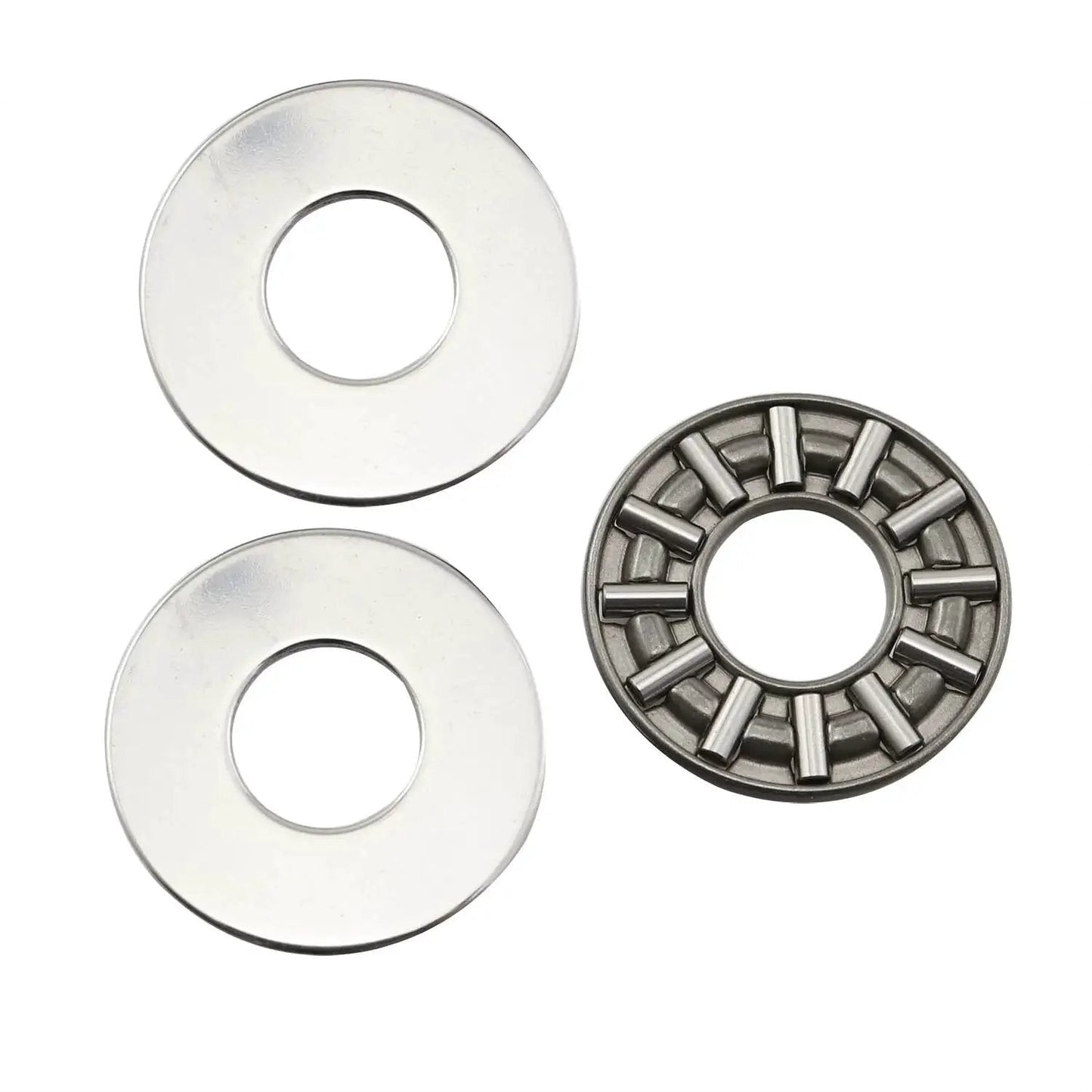 Thrust Needle Roller Bearing Set AXK1024 With Washers, showing one bearing and two washers, 10mm bore, 24mm outer diameter.