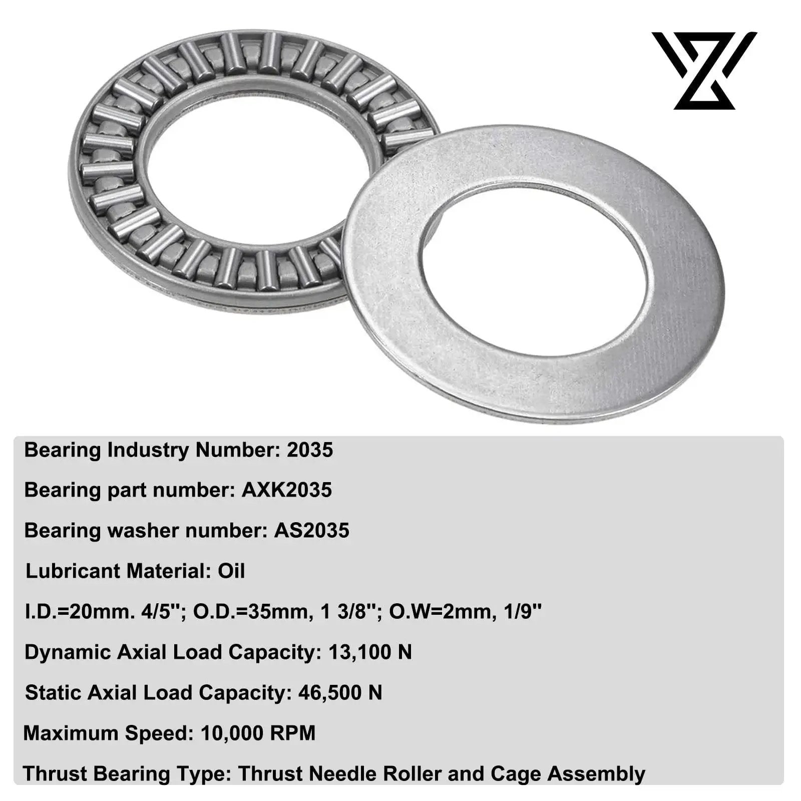 Thrust Needle Roller Bearing Set AXK2035 With Washers For Lawn Tractor Steering, 20 Mm Bore, 35 Mm OD, 2 Mm Width