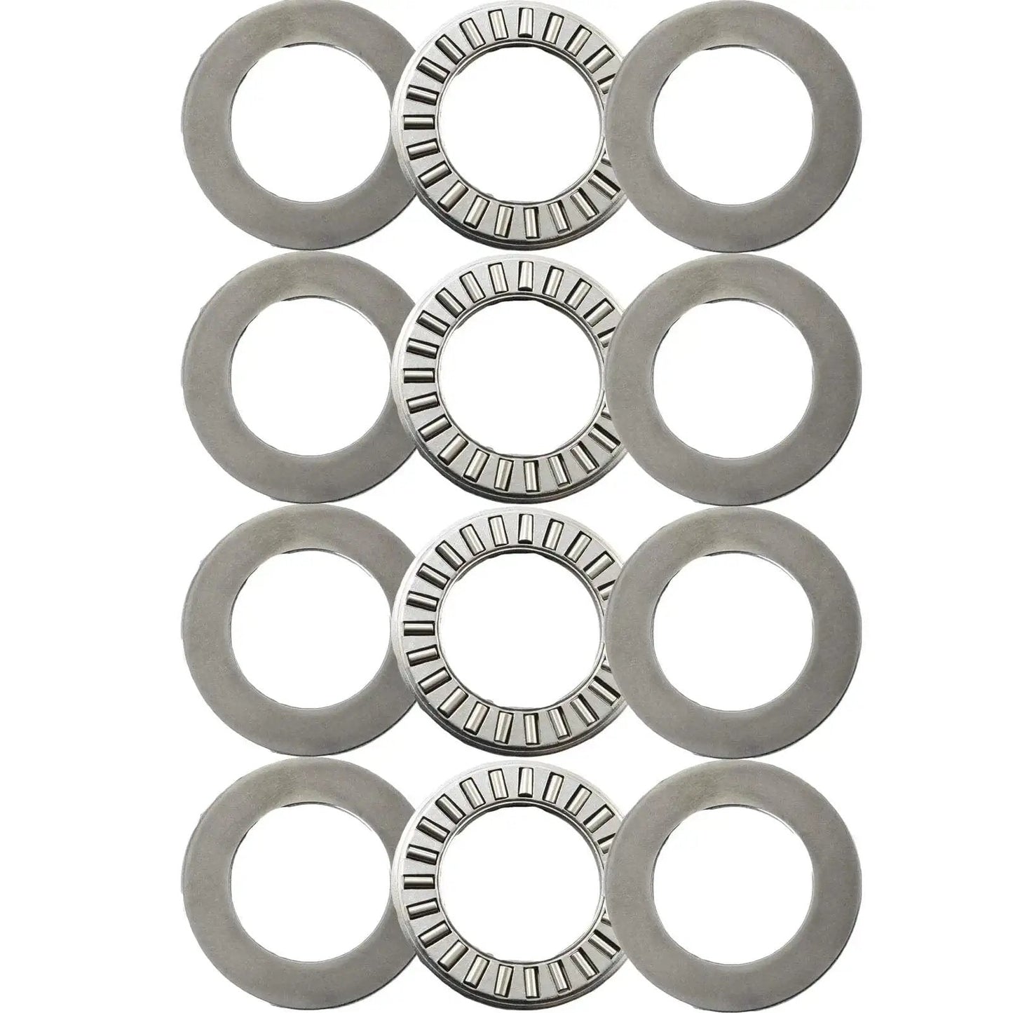 Four Pack NTA1220 Thrust Needle Roller Bearings With TRA Washers for heavy-duty machinery, chromium steel, 3/4 inch bore, 1-1/4 inch OD.