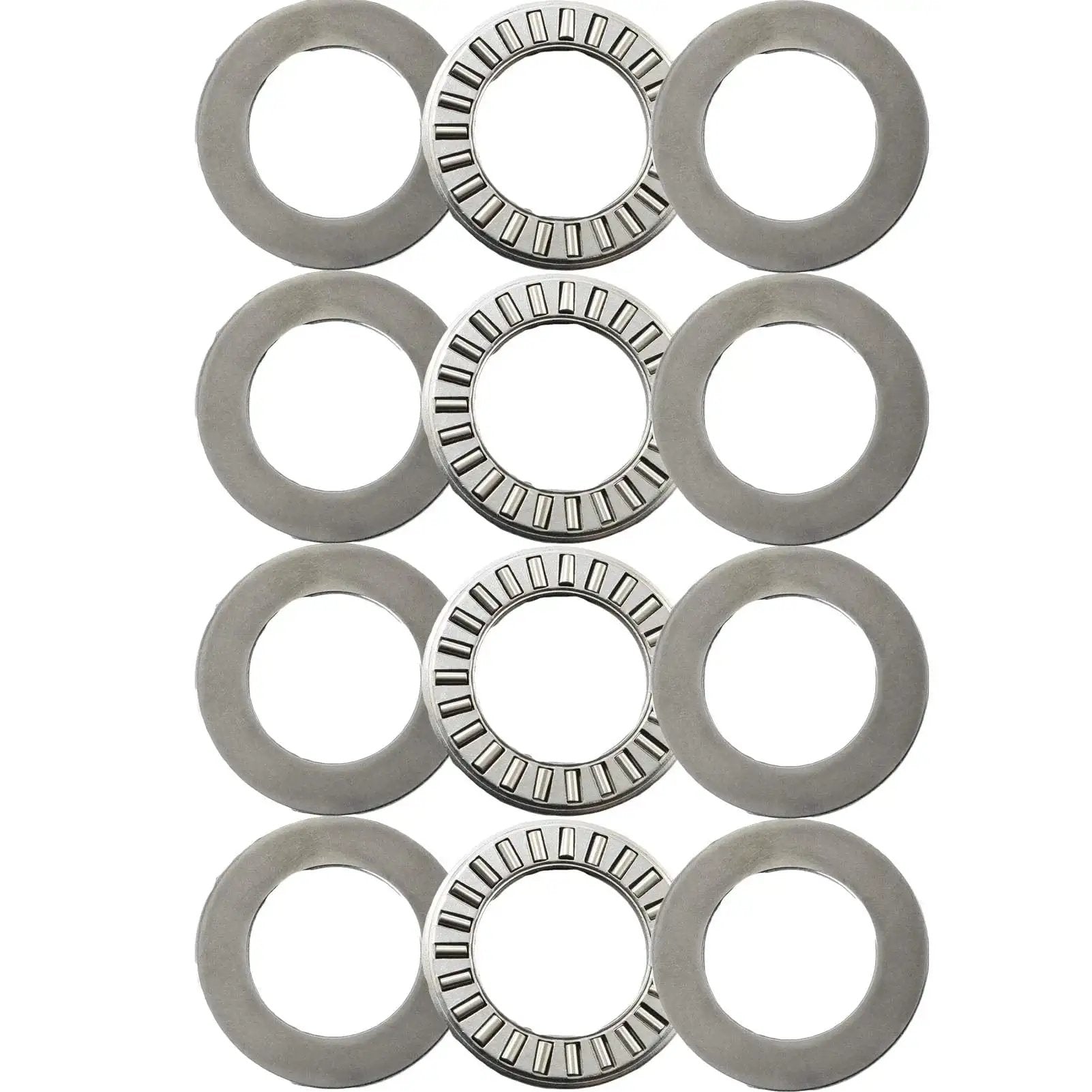 Four Pack NTA1220 Thrust Needle Roller Bearings With TRA Washers for heavy-duty machinery, chromium steel, 3/4 inch bore, 1-1/4 inch OD.