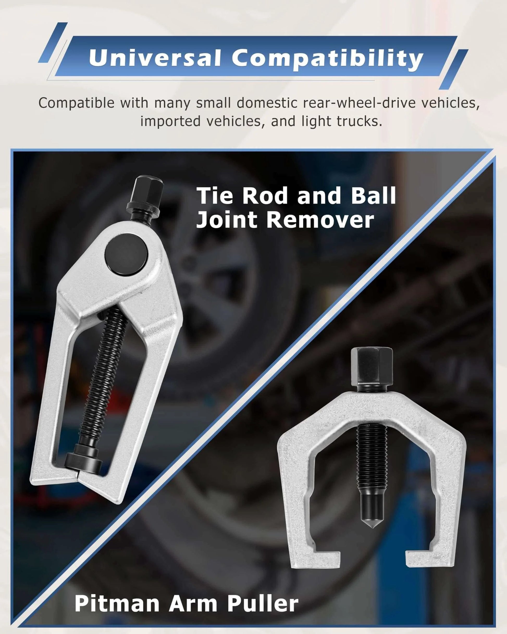 Close-up of 5pcs Professional Front End Service Tool Kit including Pitman Arm Puller and Tie Rod Ball Joint Separator in use