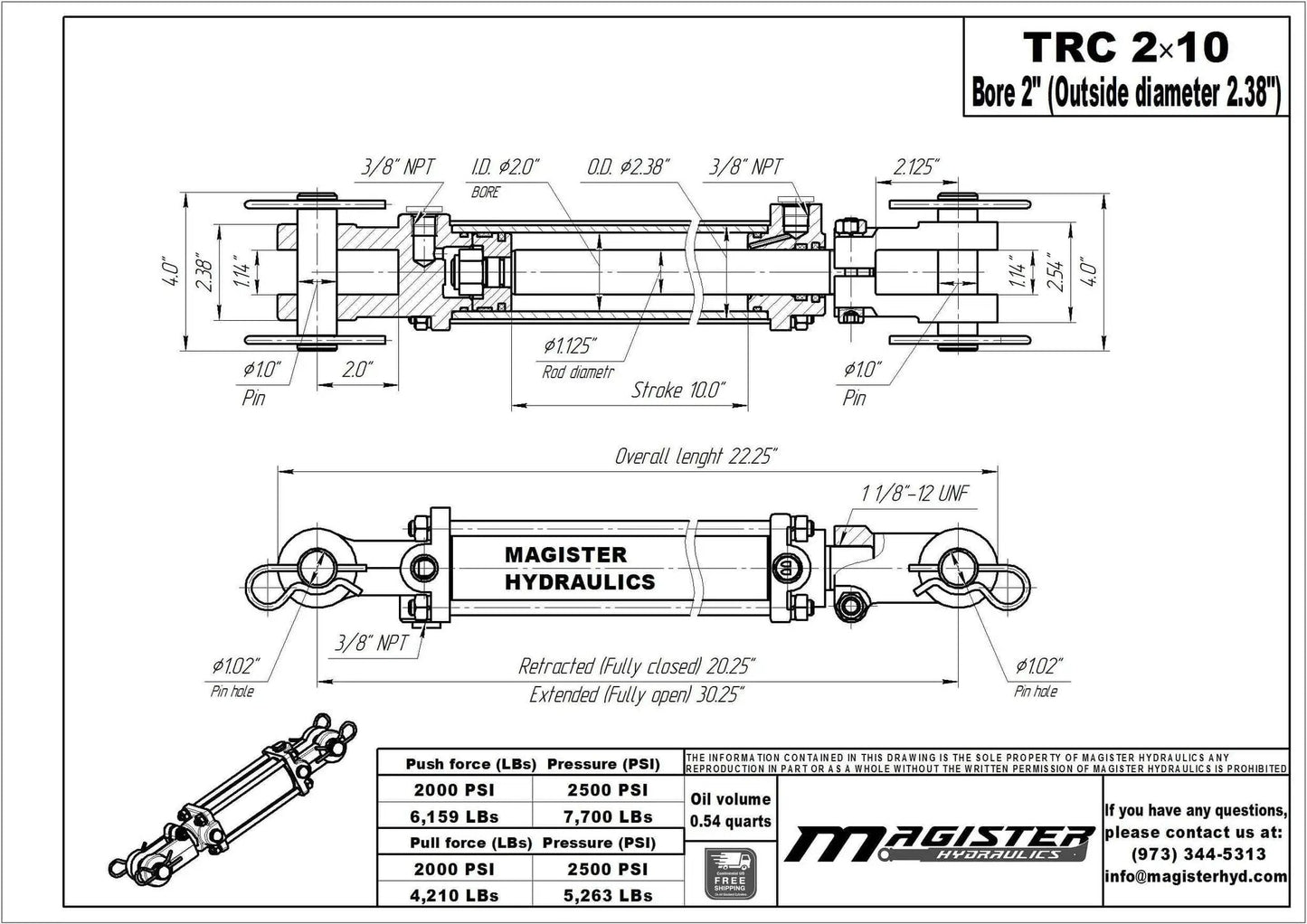 Technical drawing of Workhorse Double Acting Tie Rod Hydraulic Cylinder For Agriculture, 2 Inch Bore 10 Inch Stroke, 2500 PSI