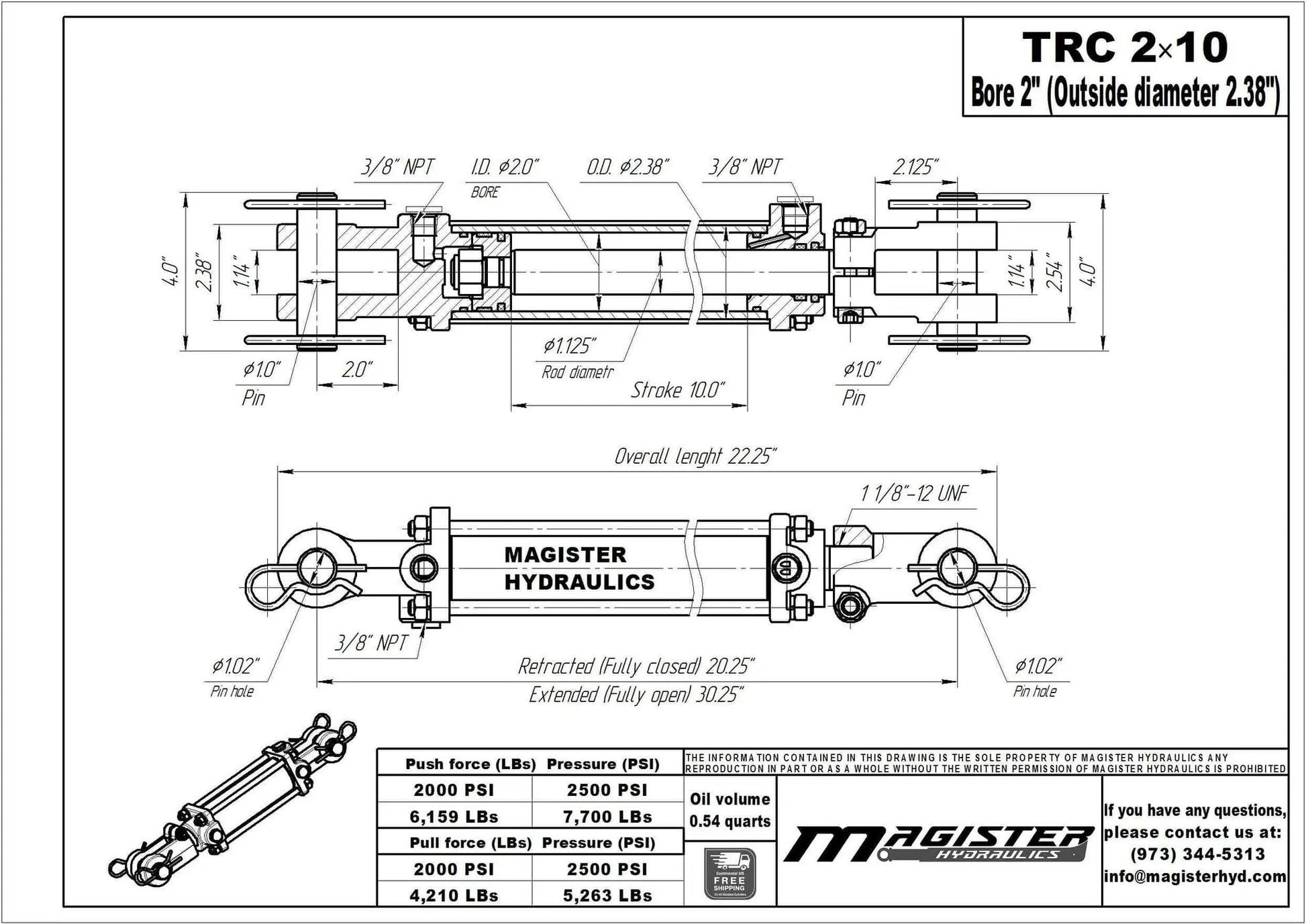 Technical drawing of Workhorse Double Acting Tie Rod Hydraulic Cylinder For Agriculture, 2 Inch Bore 10 Inch Stroke, 2500 PSI