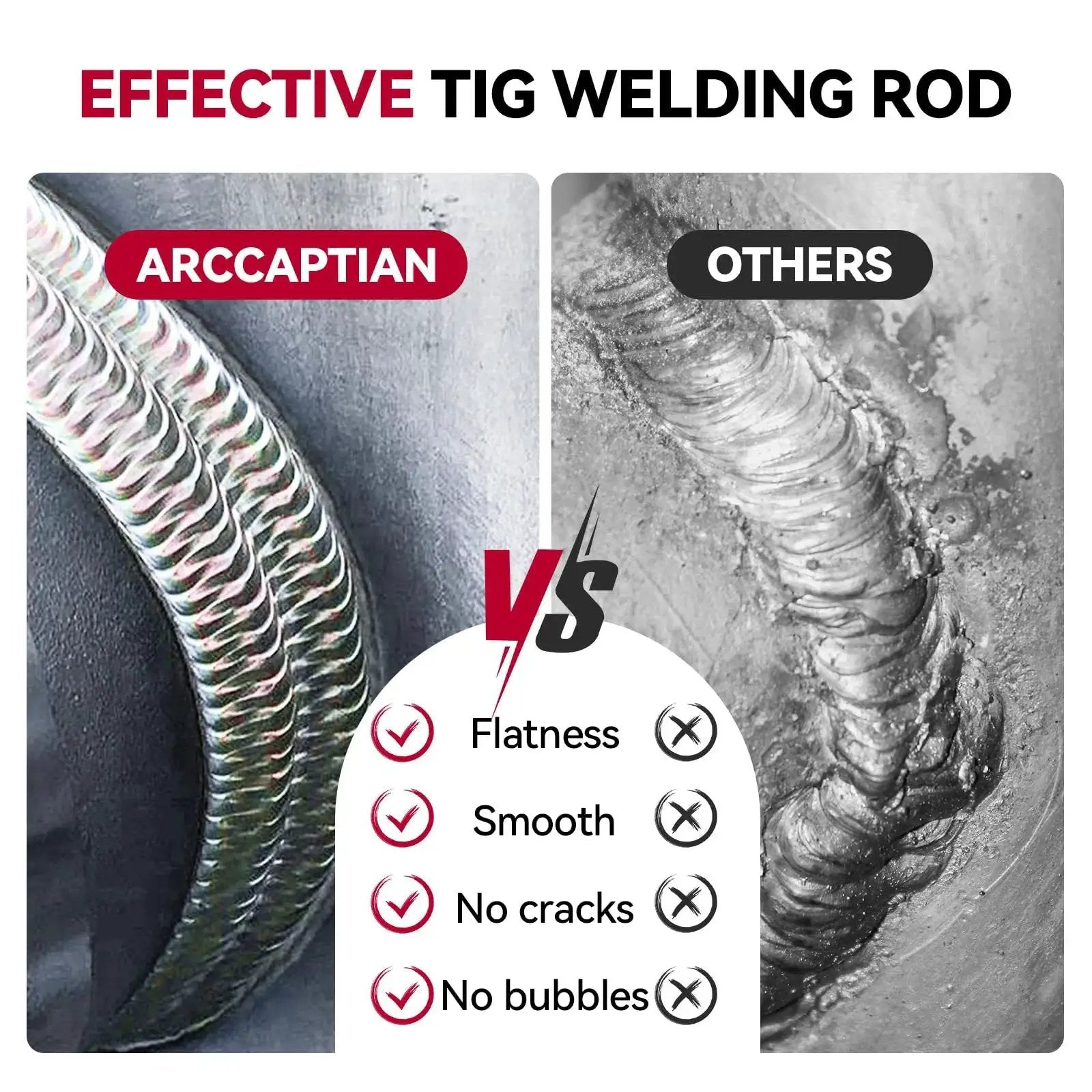 Comparison of ER4043 Aluminum TIG Welding Rod filler wire welds showing smoothness and quality with no cracks or bubbles.