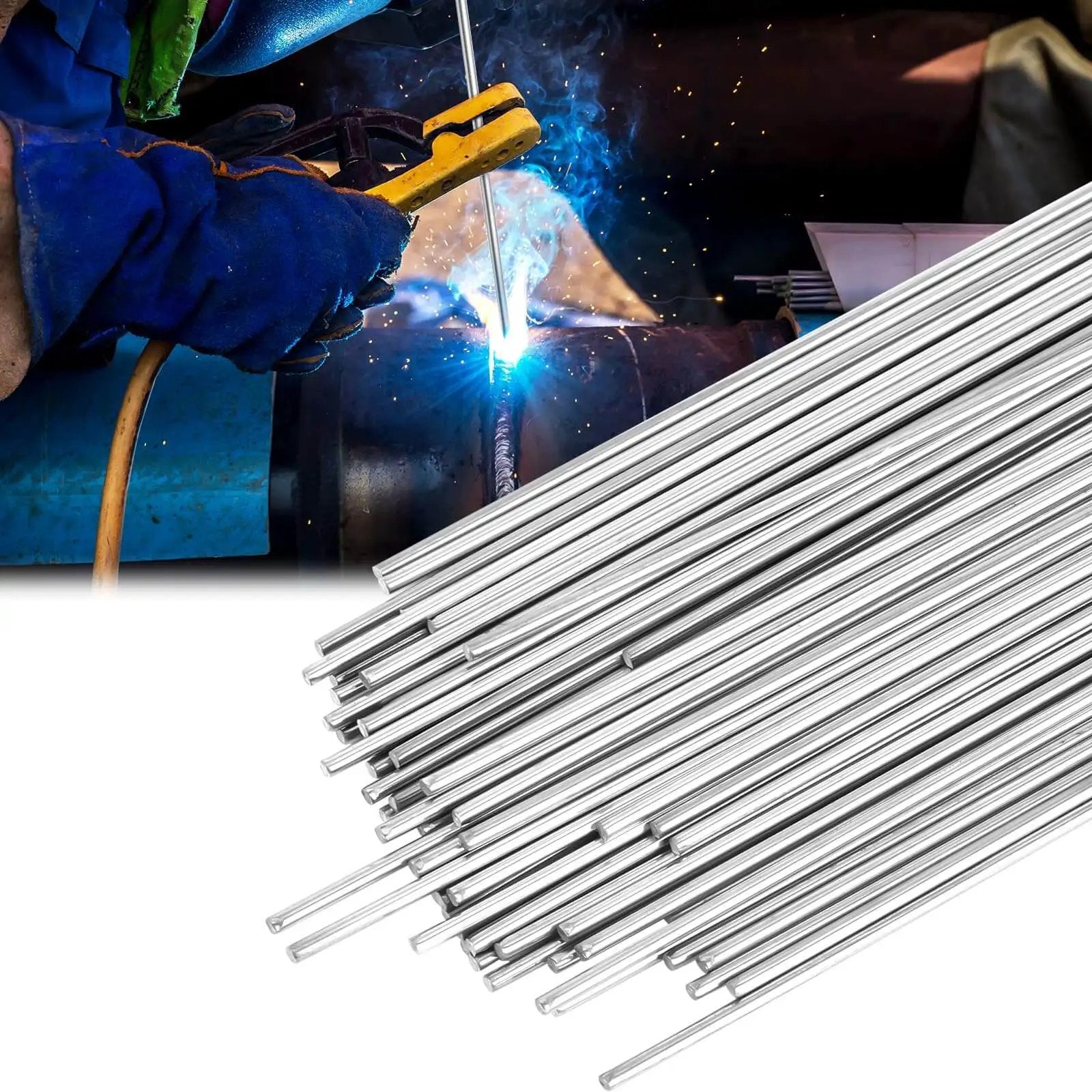 Stainless Steel TIG Welding Rod ER308L Filler Wire One Sixteenth Inch By Sixteen Inch Fifty Count One Pound Pack next to welding scene