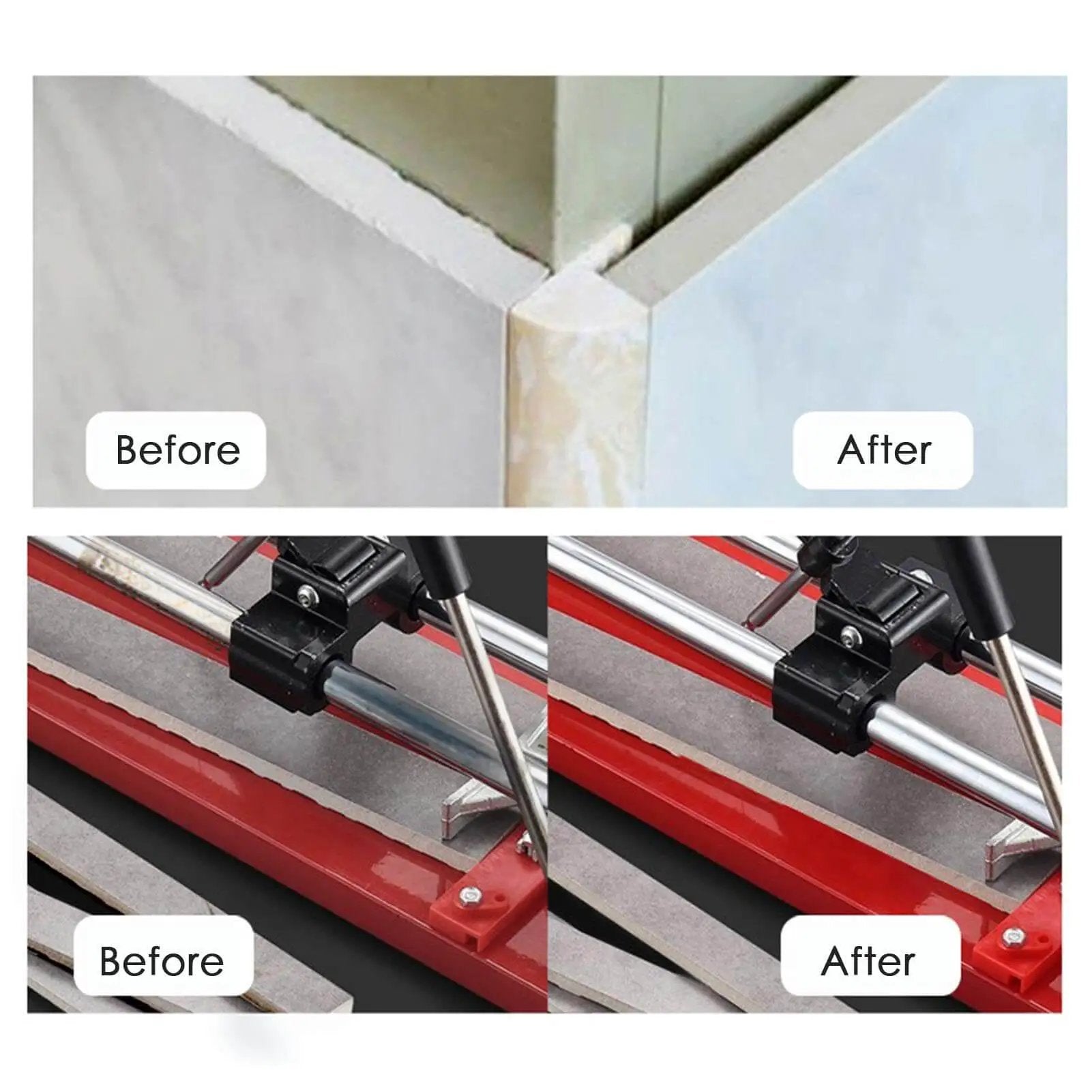 Before and after of tile edges and cutter machine using Tile Pusher Guide Oil For Cutter Machines, Rust Prevention Lubricant For Rail Cutting Gear And Shafts.