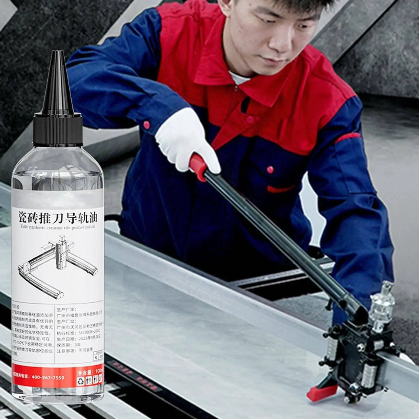 Worker using Tile Pusher Guide Oil For Cutter Machines with ceramic tile rail cutter for mechanical gear lubrication.