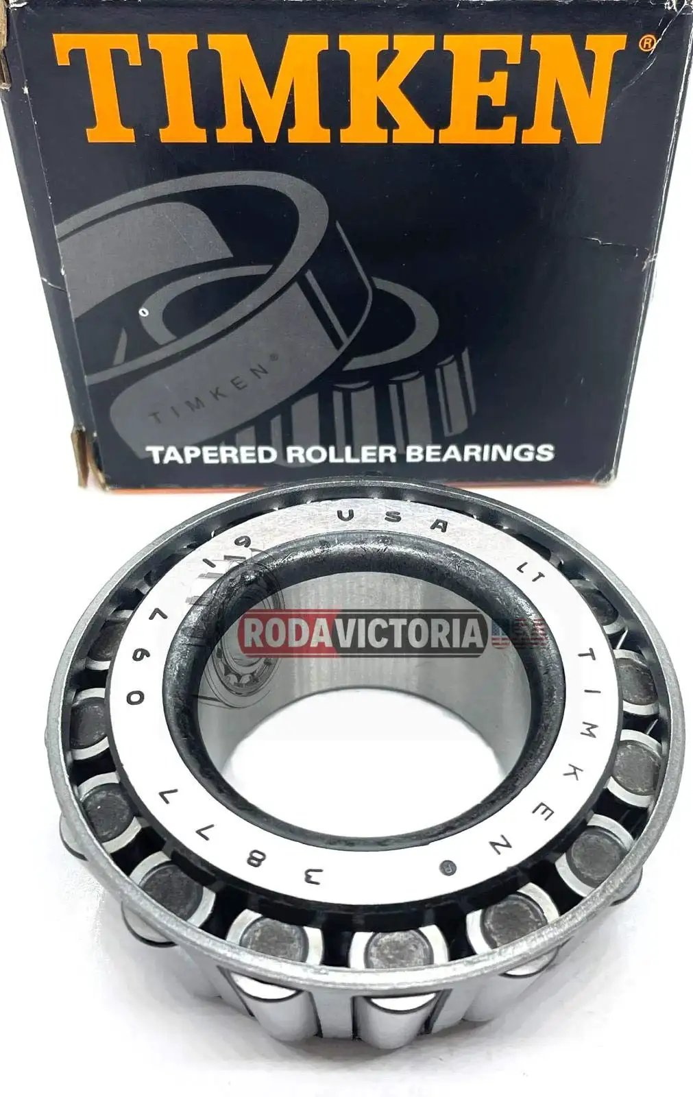 USA Made Timken 3877 Tapered Roller Bearing For Hyster 30228, visible with packaging, 1.625 inch bore, 1.1875 inch inner width