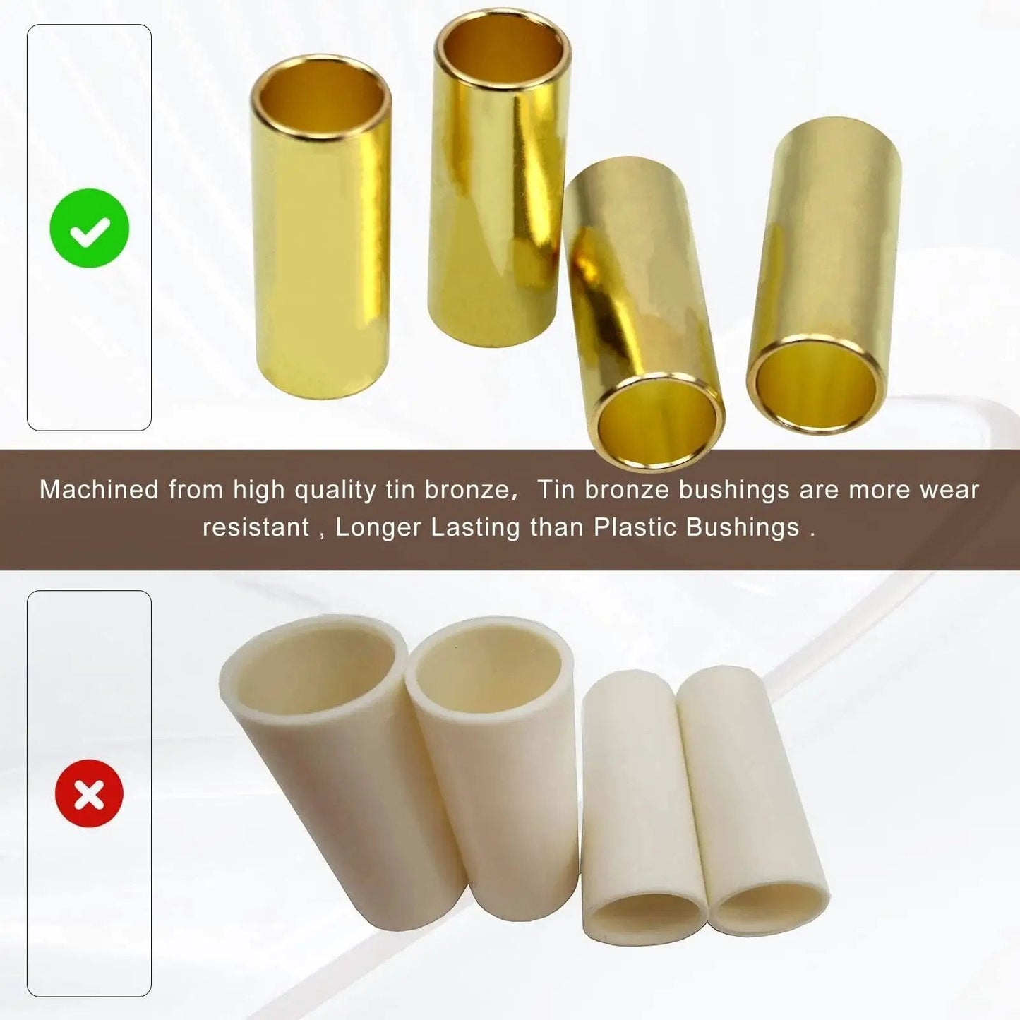 Comparison of tin bronze trailer leaf spring bushings and plastic bushings, highlighting wear resistance and durability.