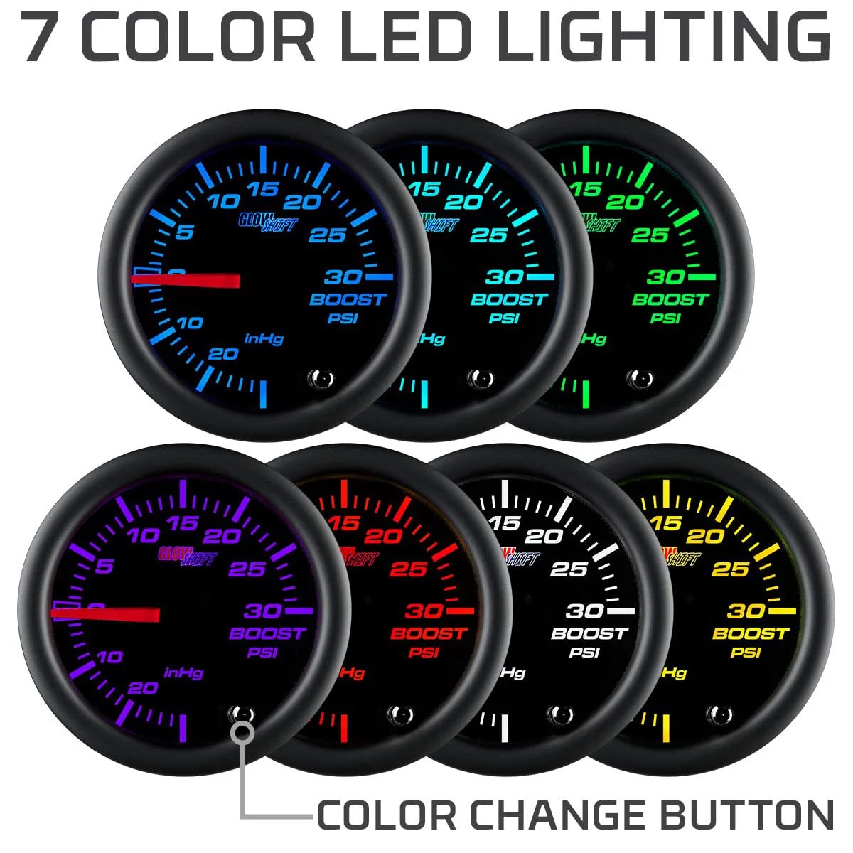 Tinted 7 Color 30 PSI Mechanical Boost And Vacuum Gauge Kit For Car And Truck With Included Hose T Fitting Wiring 2-1/16 Inch 52mm Black Dial Smoked Lens Multi Color Display GlowShift showing various LED color options.