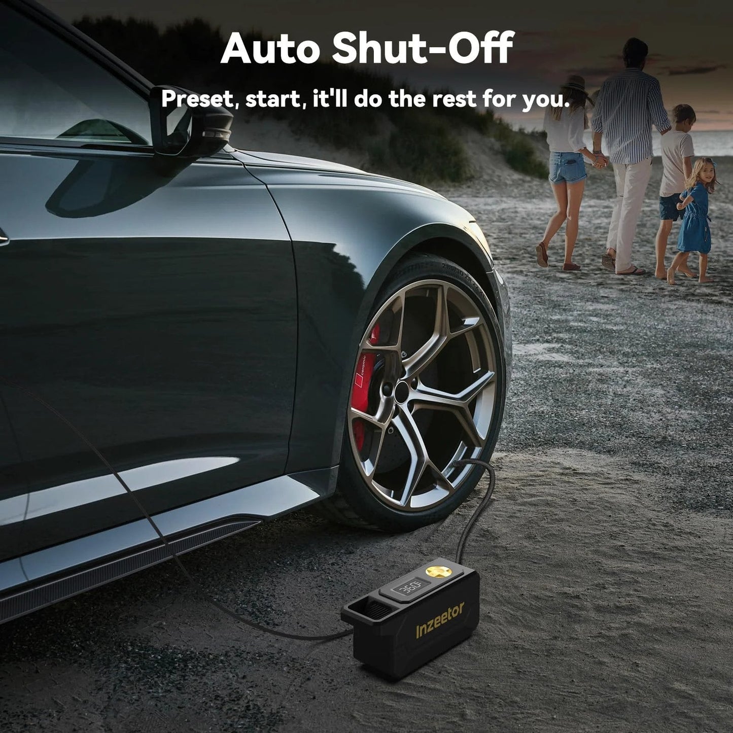 150 PSI Tire Inflator Portable Air Compressor, 12V DC Auto Shutoff Air Pump connected to car wheel with landscape view
