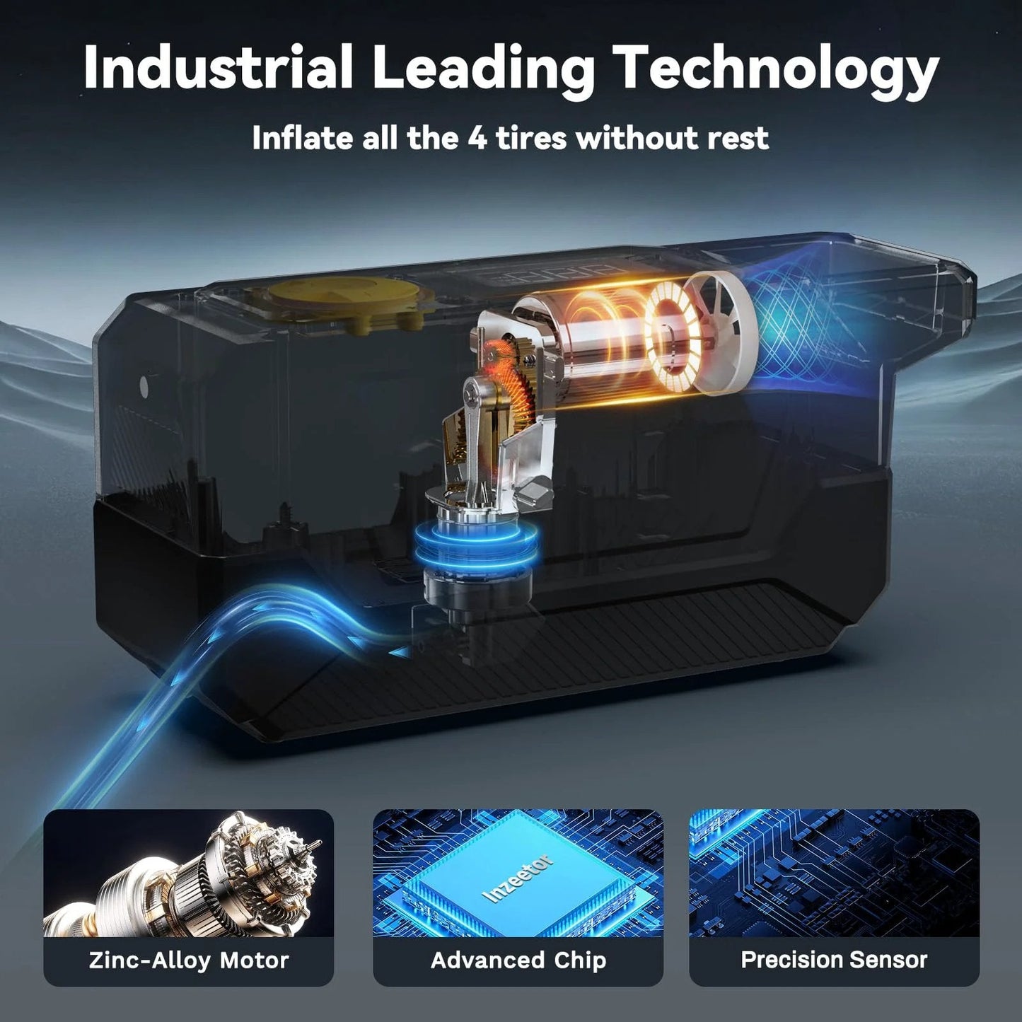 150 PSI Tire Inflator Portable Air Compressor with zinc-alloy motor, advanced chip, and precision sensor technology, digital gauge visible