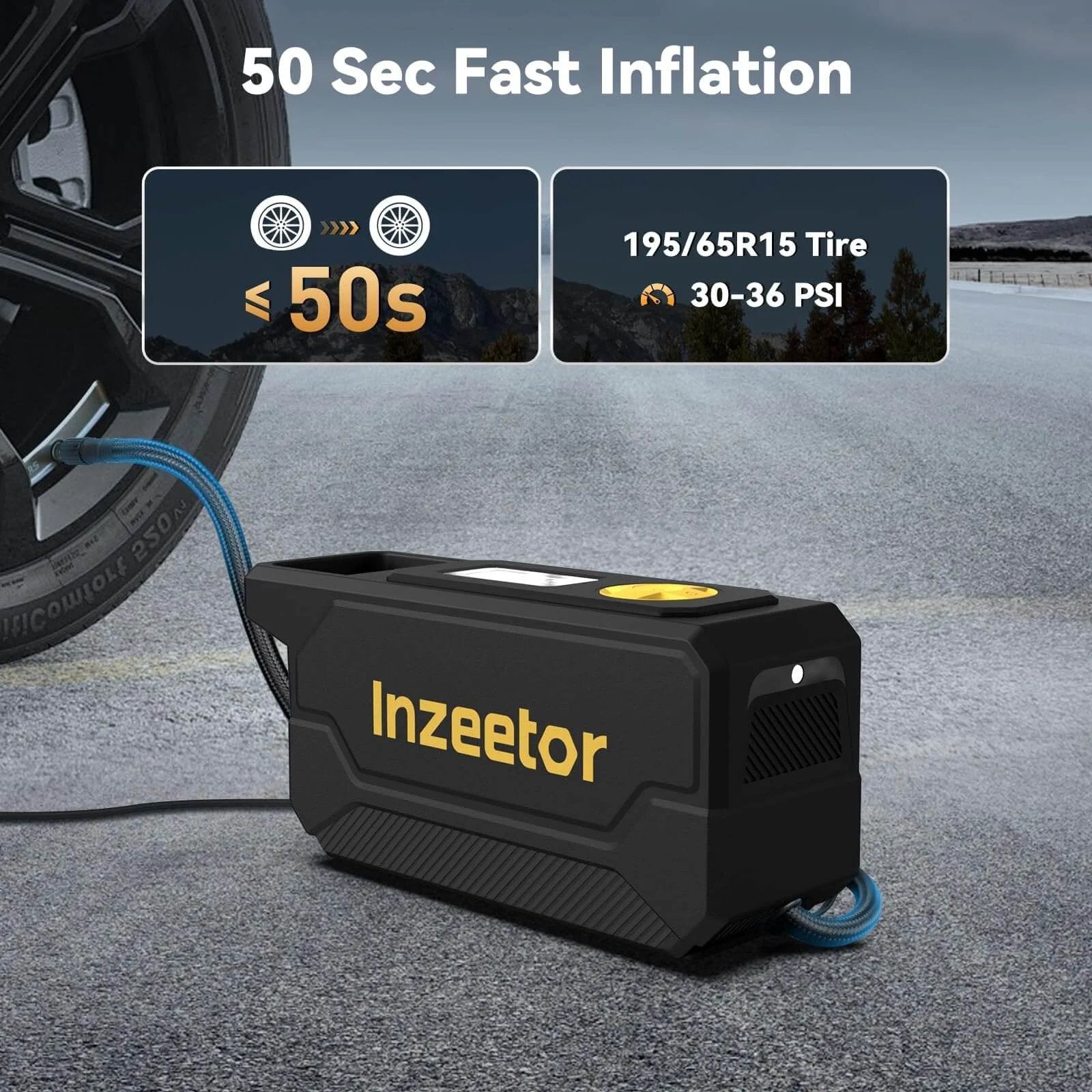 150 PSI Tire Inflator Portable Air Compressor near car tire, showcasing digital display and fast inflation capability