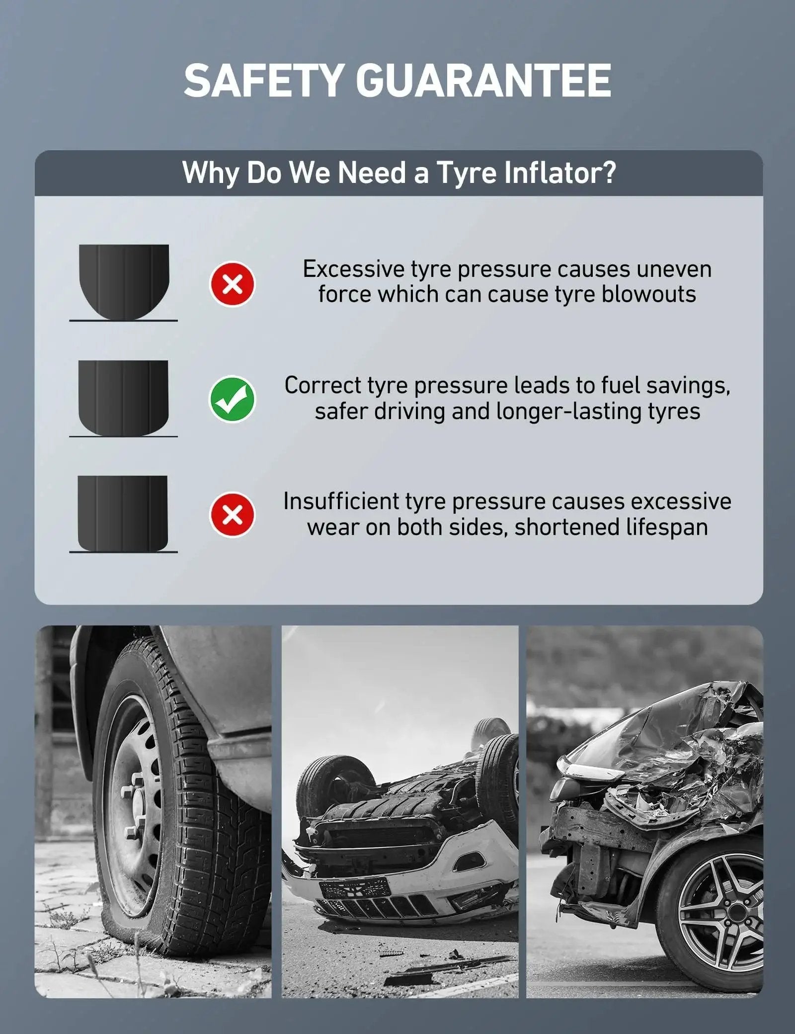 Safety infographic on the importance of correct tire pressure with images of tire, rollover accident, and collision.