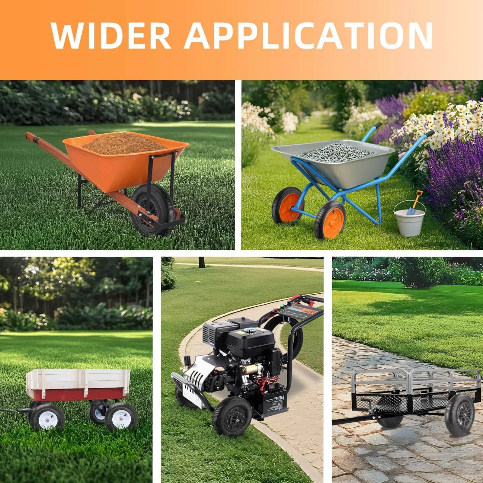 Collage of wheelbarrows, garden carts, and trailers using ✝️ (1-set) 4.80/4.00-8" tire and inner tube set, for smooth motion and stability