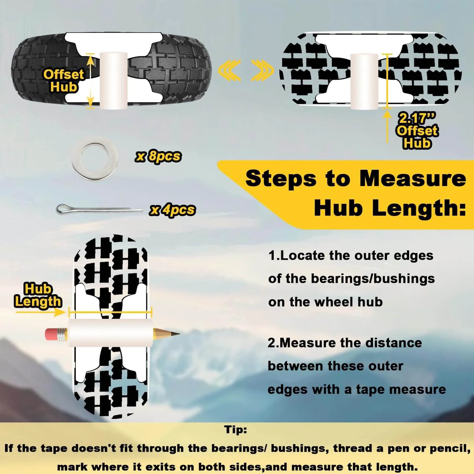 Illustration showing steps to measure 2.17" offset hub for 13 inch solid rubber tires, 4.00-6 tire flat free with 5/8" bearings.