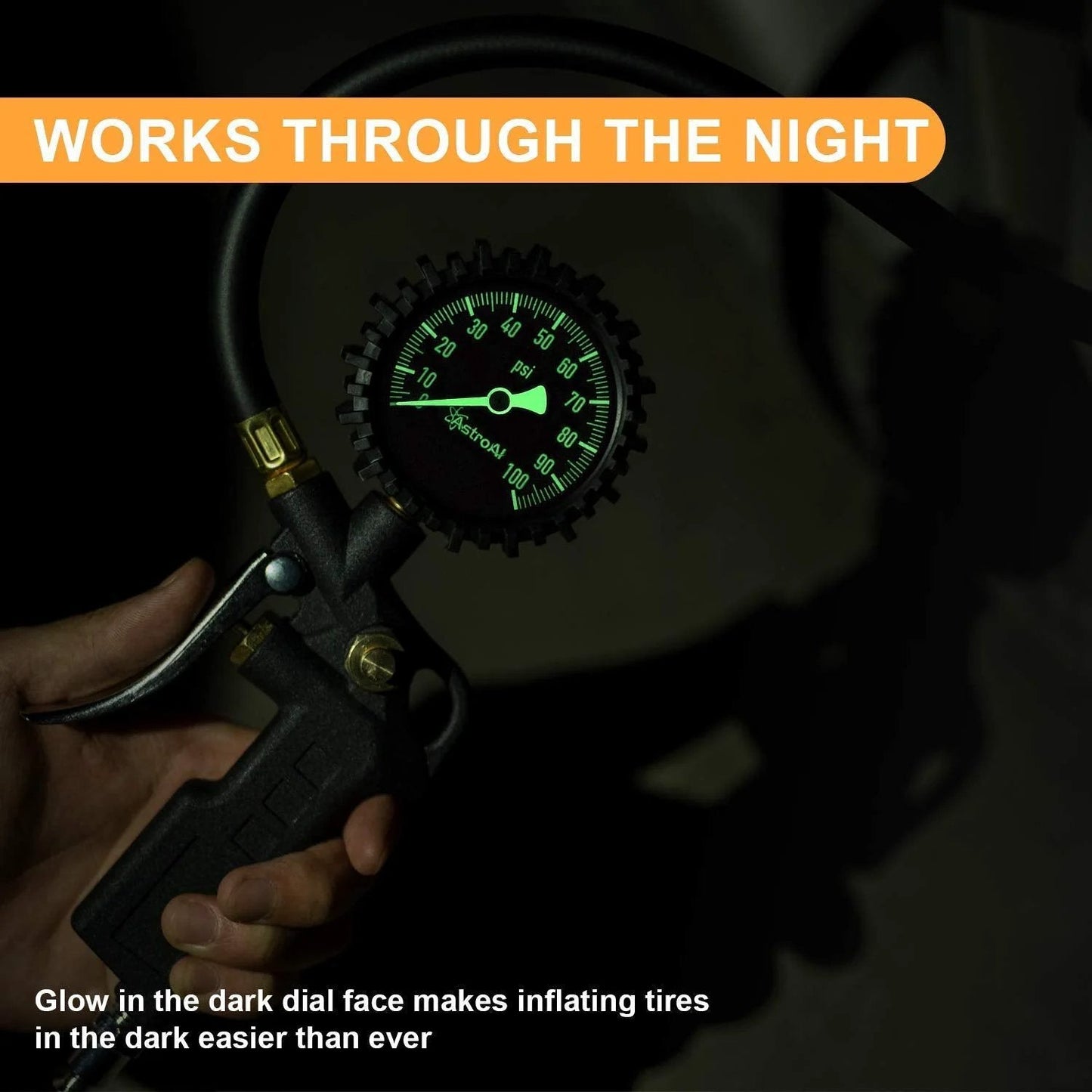 All Purpose Tire Pressure Gauge With Inflator For Cars And Trucks AstroAI 0-100 Psi ANSI B40.1 Accurate 2.5 Inch Glow Dial close-up of gauge with glowing dial.