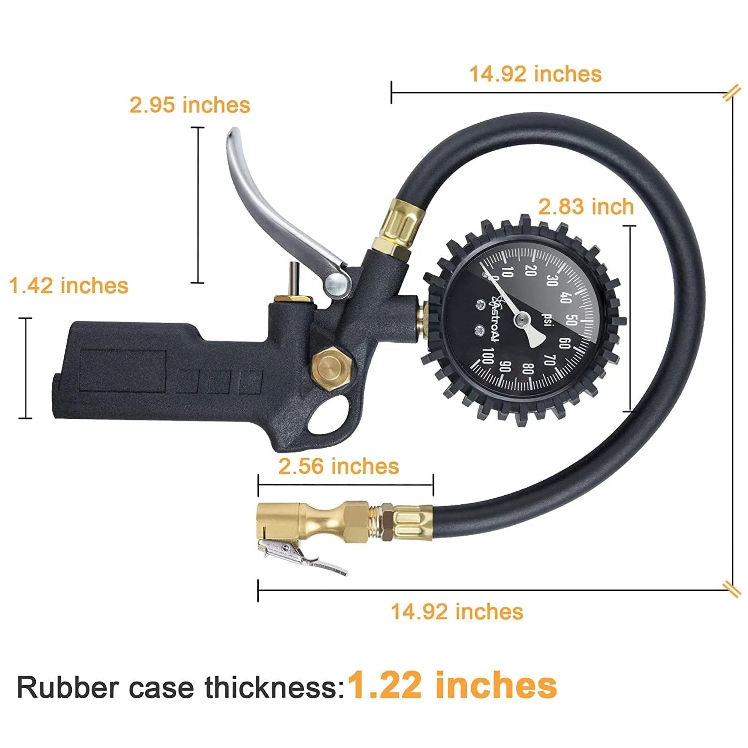 All Purpose Tire Pressure Gauge With Inflator For Cars And Trucks AstroAI 0-100 Psi with a large dial and heavy-duty air chuck side view.