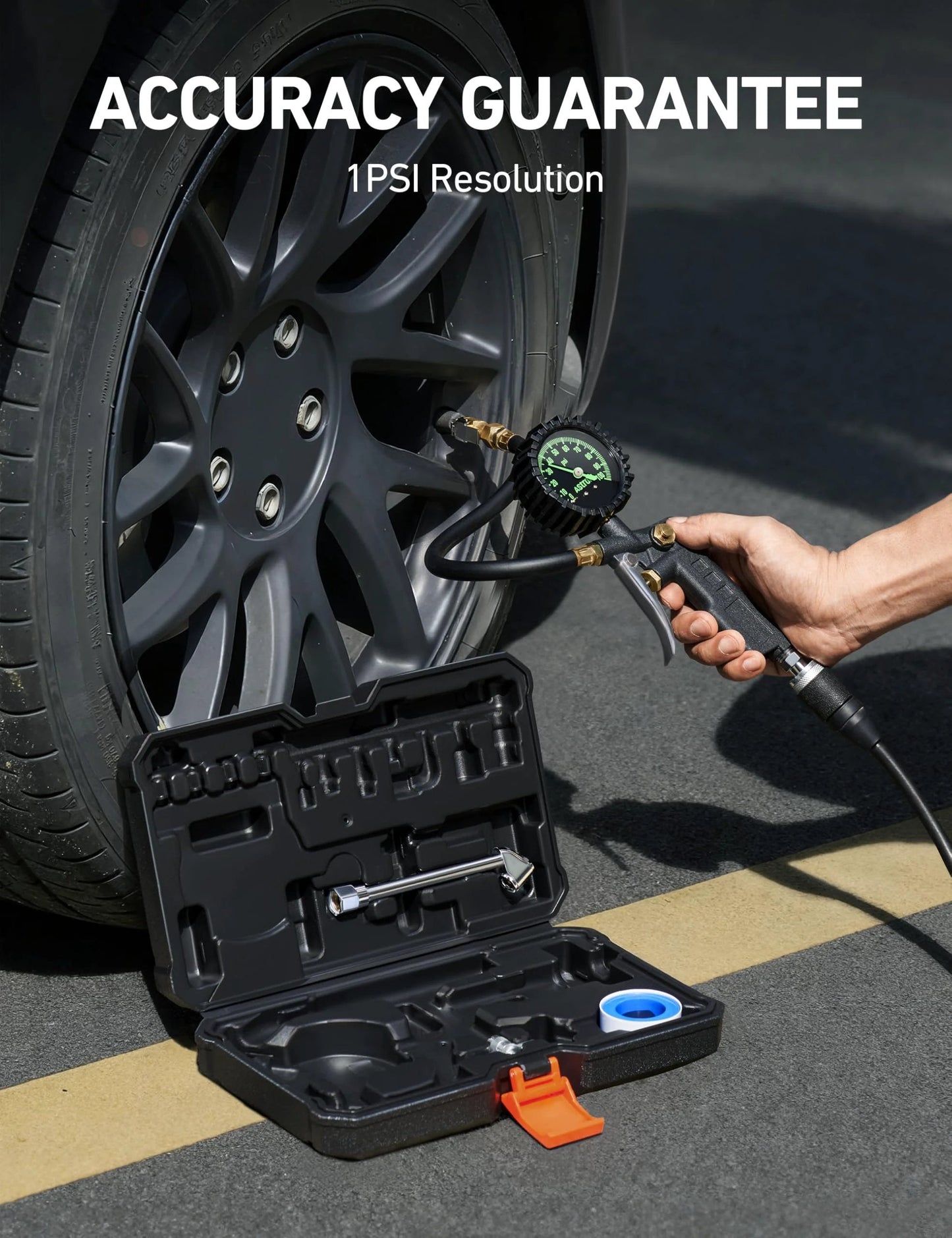 Close-up of All Purpose Tire Pressure Gauge With Inflator For Cars And Trucks AstroAI showing 2.5 inch glow dial and air chuck.