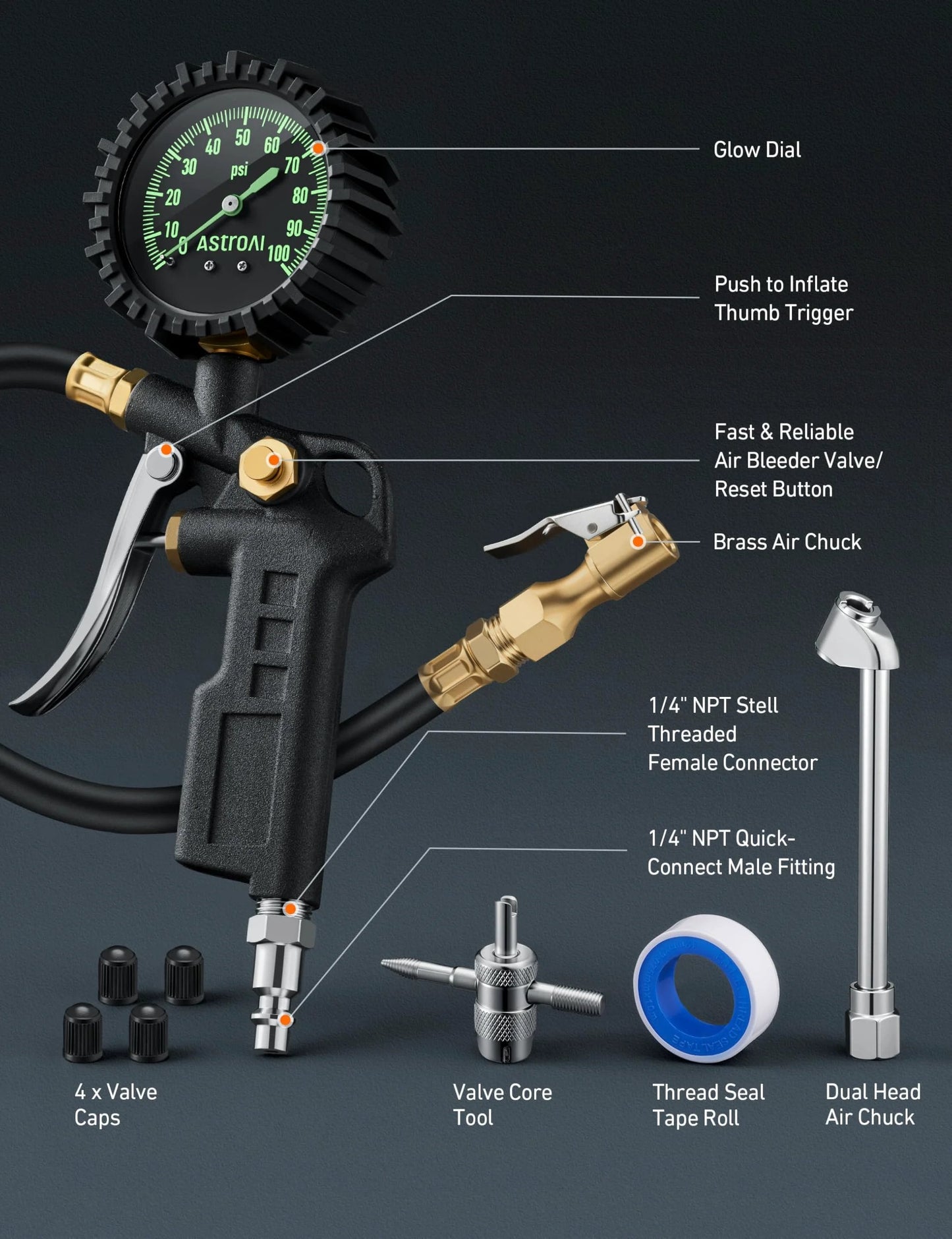 All Purpose Tire Pressure Gauge With Inflator For Cars And Trucks AstroAI with glow dial and accessories, front view showing features.