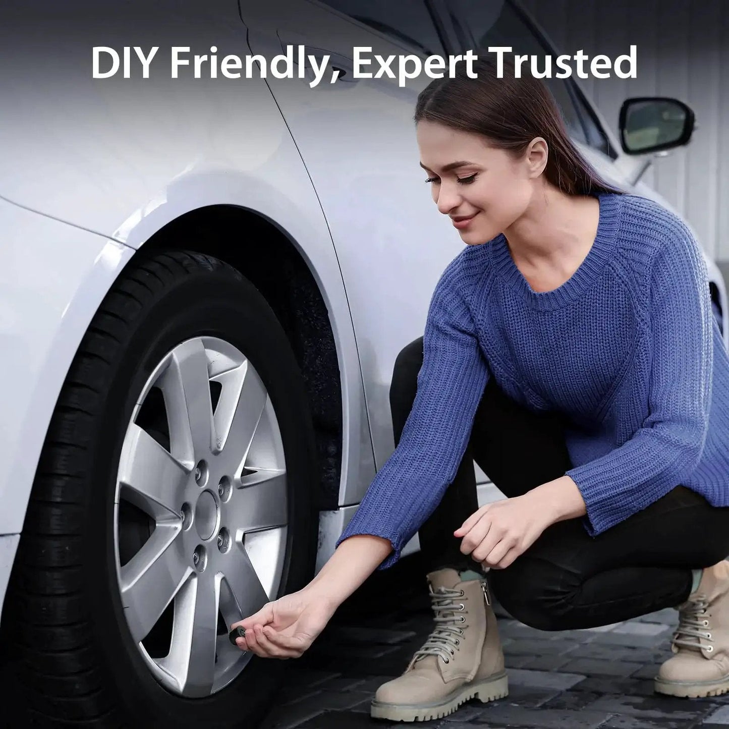 Woman checking tire with TM7 Wireless Tire Pressure Monitoring System With 4 External Sensors And 6 Alarm Modes Colorful Display