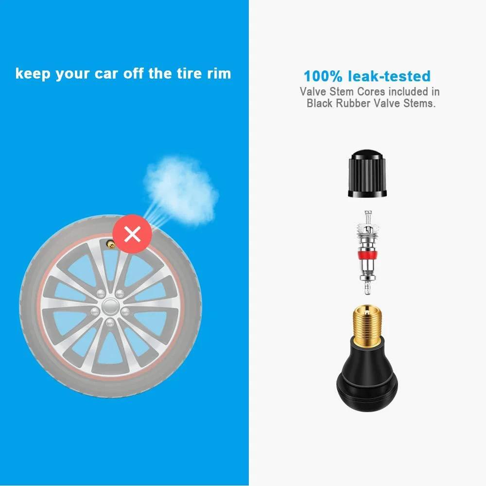 Diagram of Stem Puller and Installer - 10pcs TR412, 6pcs TR413, 6pcs TR414 Short Rubber Tire Valve Stems showing components and leak test.