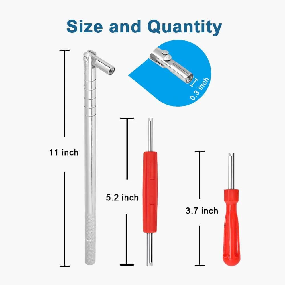 Stem Puller and Installer - 10pcs TR412, 6pcs TR413, 6pcs TR414 Short Rubber Tire Valve Stems, 11-inch puller, 2 core remover tools.