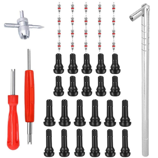 Stem Puller and Installer - 10pcs TR412, 6pcs TR413, 6pcs TR414 Short Rubber Tire Valve Stems, 4 Way and Single Head Valve Core Remover Tool