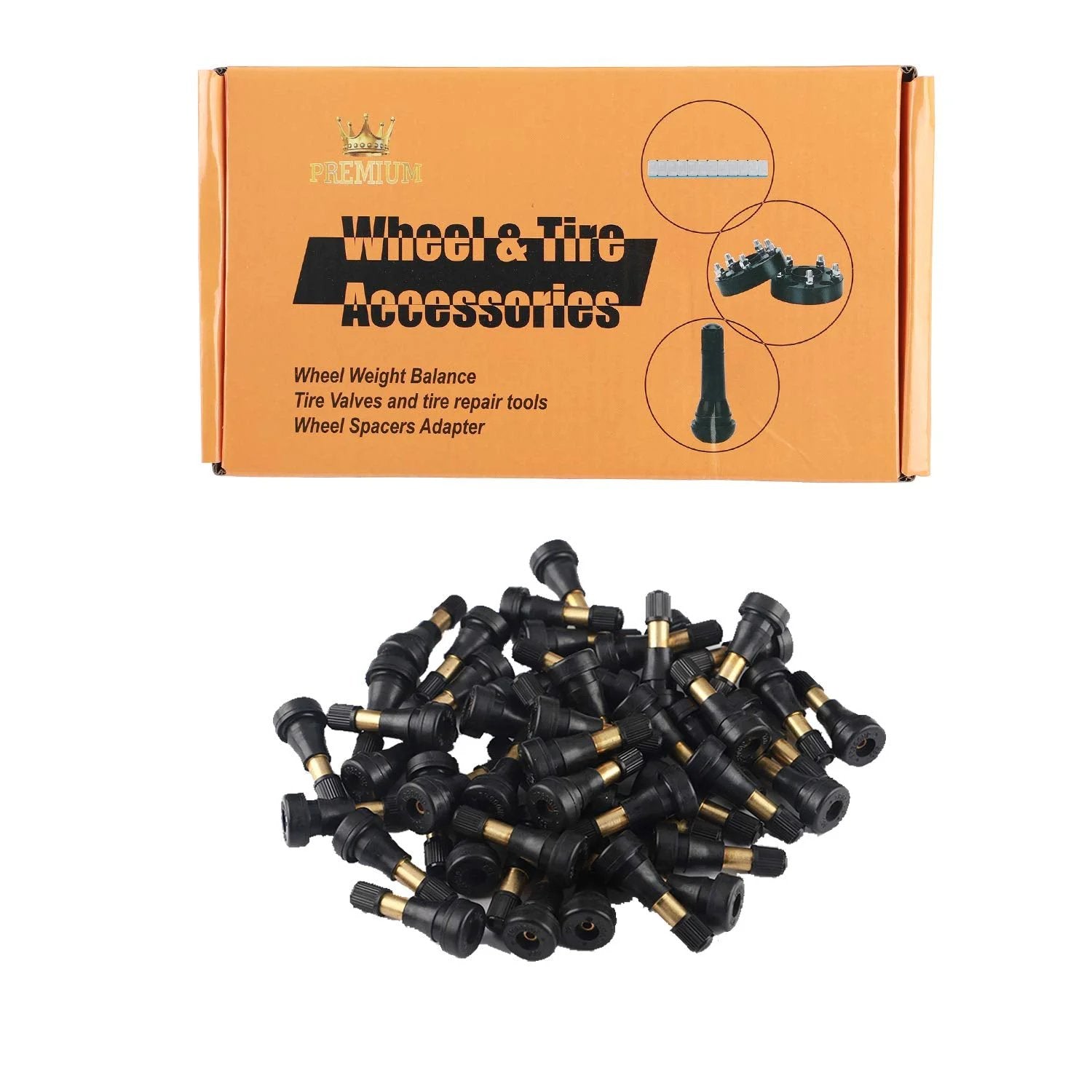 TR600HP High Pressure Brass Tire Valve Stems Pack For Tubeless Systems Snap In Valves 0.45 Inch Rim Hole 1.27 Inch Length Heavy Duty For Larger Vehicles Copper Core EPDM Rubber 50 Pieces arranged around the box.