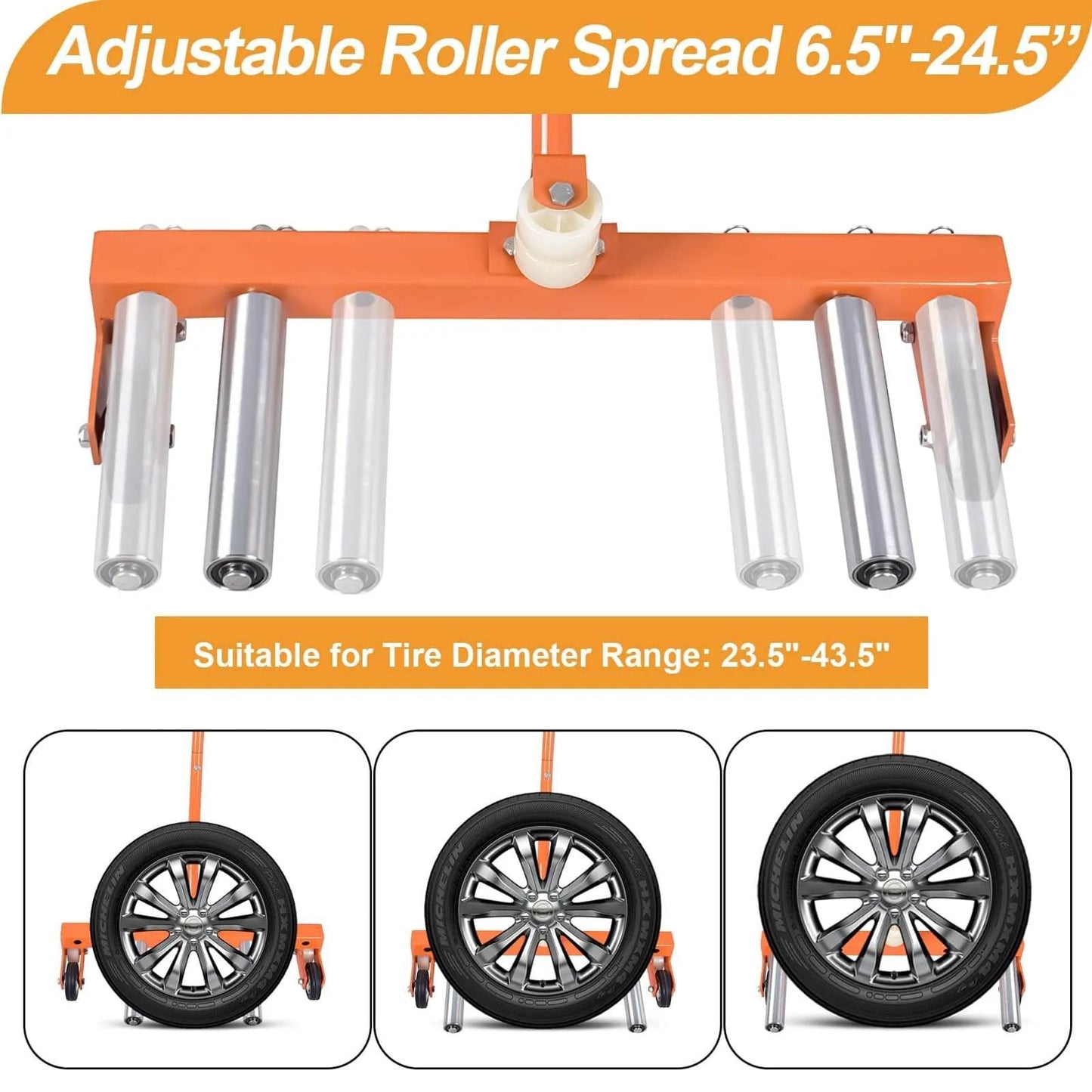 Heavy-Duty Adjustable Tire Wheel Dolly for Workshop, Garage, Orange, showing adjustable roller spread and tire compatibility