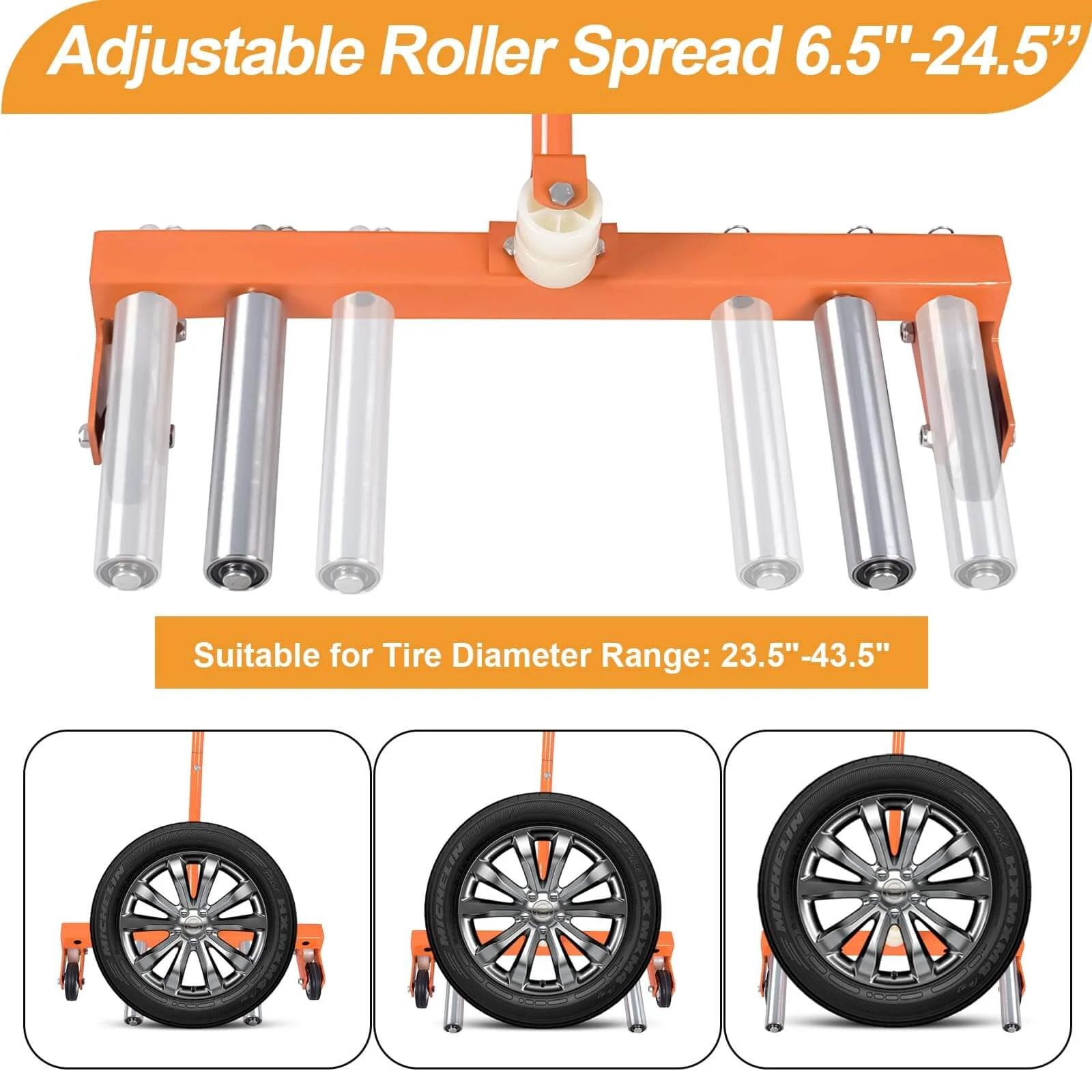 Heavy-Duty Adjustable Tire Wheel Dolly for Workshop, Garage, Orange, showing adjustable roller spread and tire compatibility
