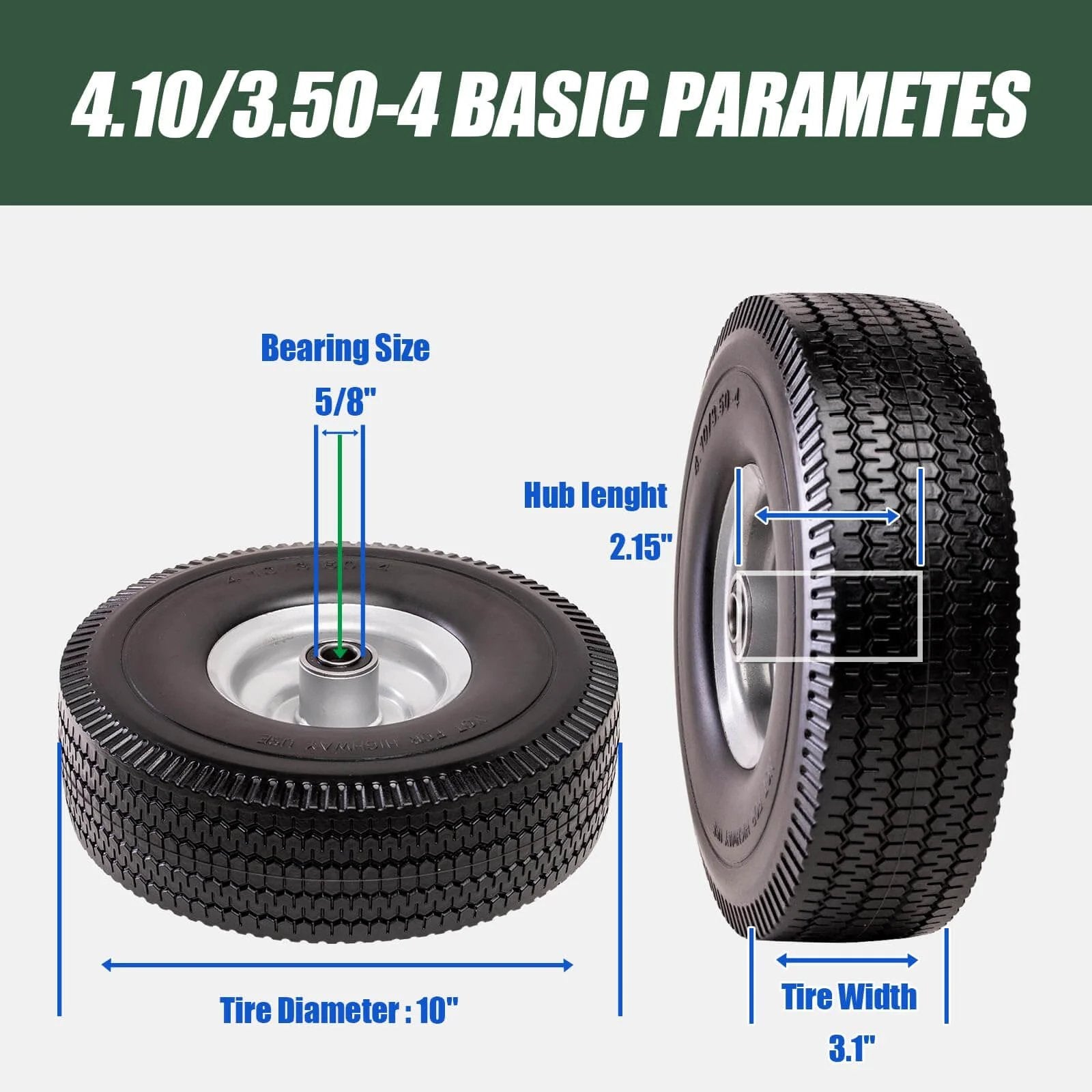 Diagram of ✝️ 4.10/3.50-4 tire & wheel flat free with dimensions, featuring 5/8 in axle bore and 2.15 in hub offset