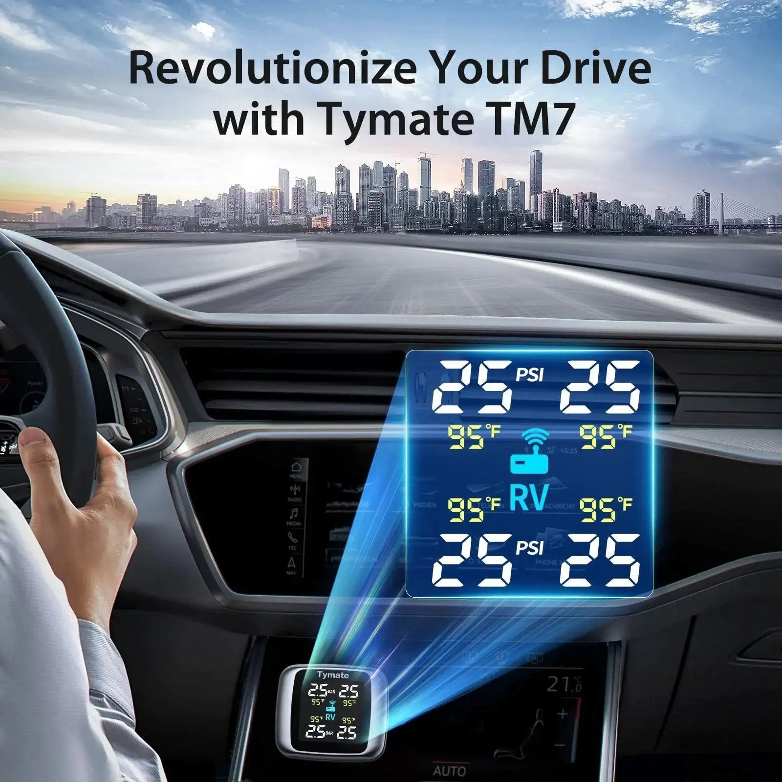 TM7 Wireless Tire Pressure Monitoring System With 4 External Sensors And 6 Alarm Modes colorful display in vehicle dashboard