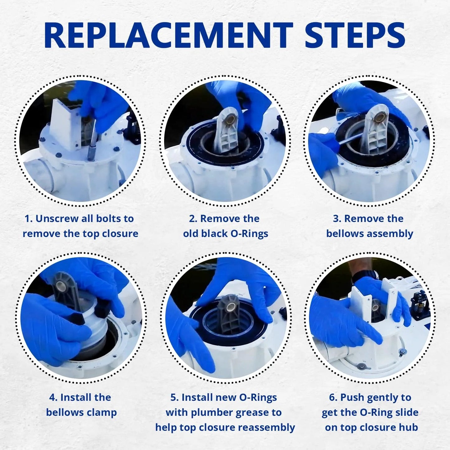 Step-by-step guide for Universal Toilet Pump Bellow Kit replacement showing removal and installation process.
