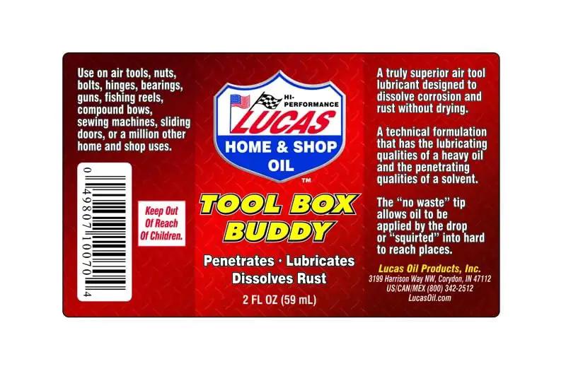 Label of Tool Box Buddy Air Tool Lubricant 2 Ounce Bottle From Lucas Oil, detailing product benefits like lubrication and rust dissolution.