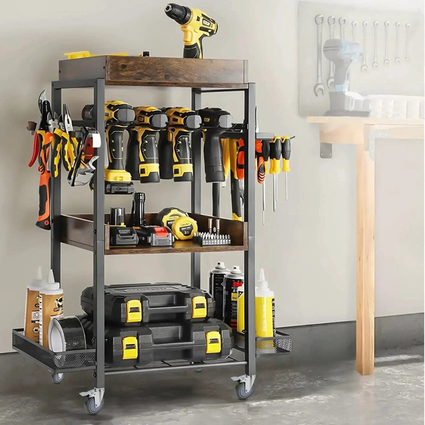 Workshop cart with tools on a wheeled stand, featuring 5 Inch Locking Swivel Casters With Brake, 1/2-13 X 1.5 Threaded Stem, Grey TPR Rubber Wheels.