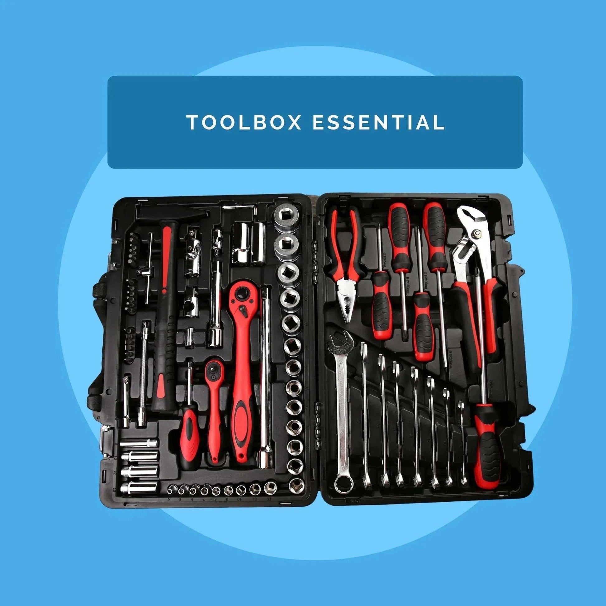 Open toolbox showing a variety of red and black hand tools including wrenches, pliers, and screwdrivers against a blue background.