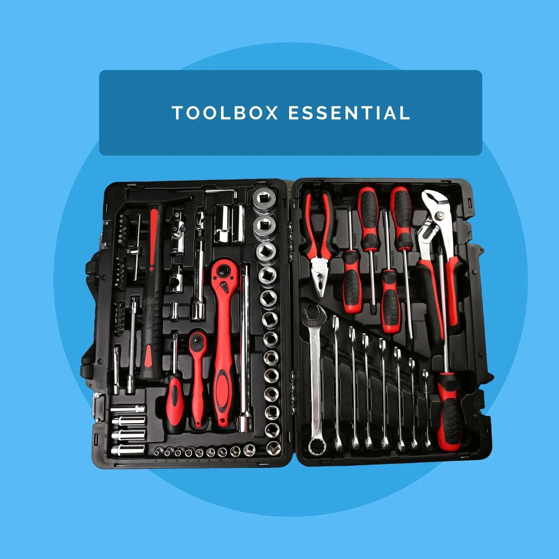 Open black and red toolbox with assorted hand tools including pliers, wrenches, and screwdrivers on a blue background.